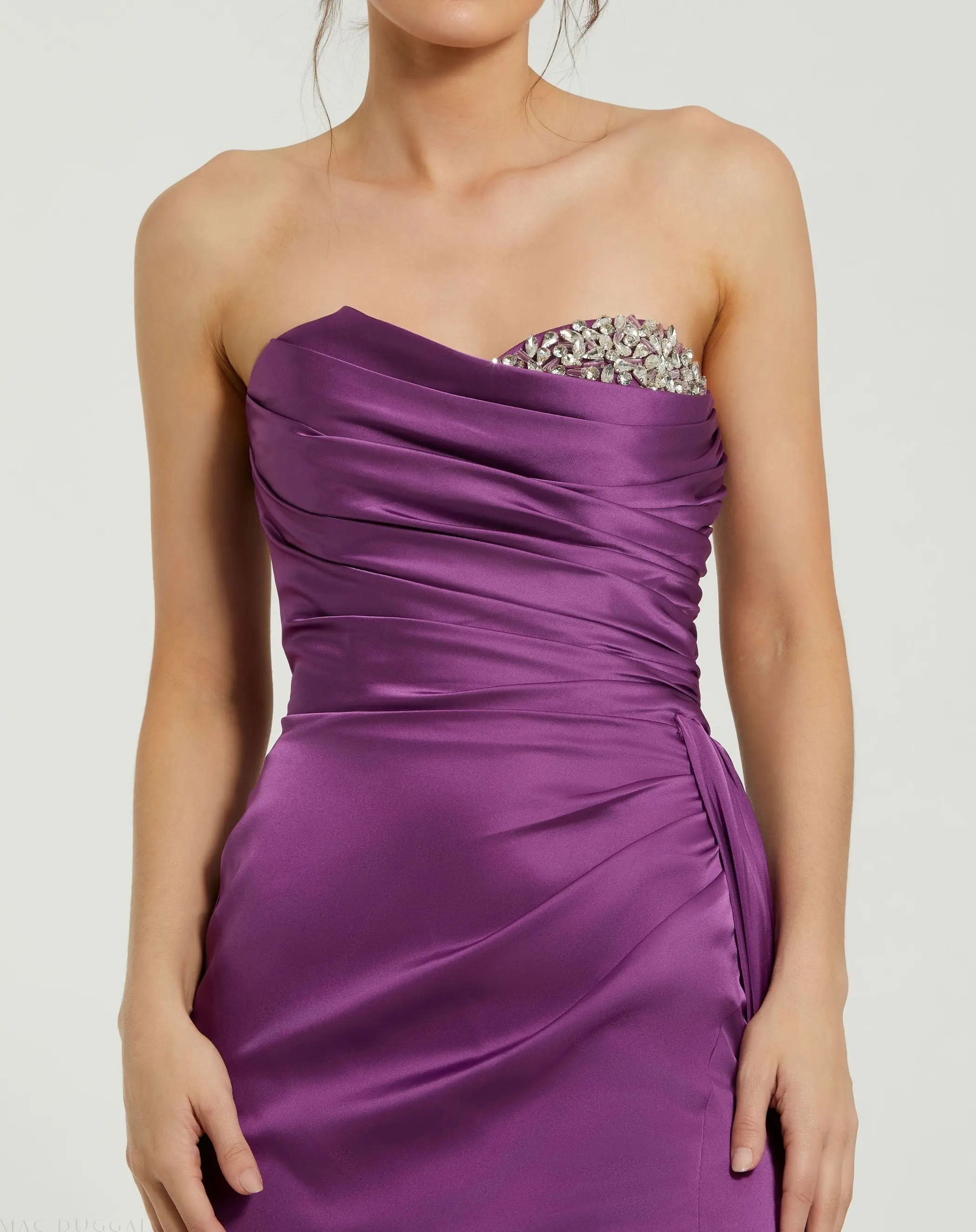 Purple Strapless Embellished Sweetheart Neckline Satin Gown - Image 2