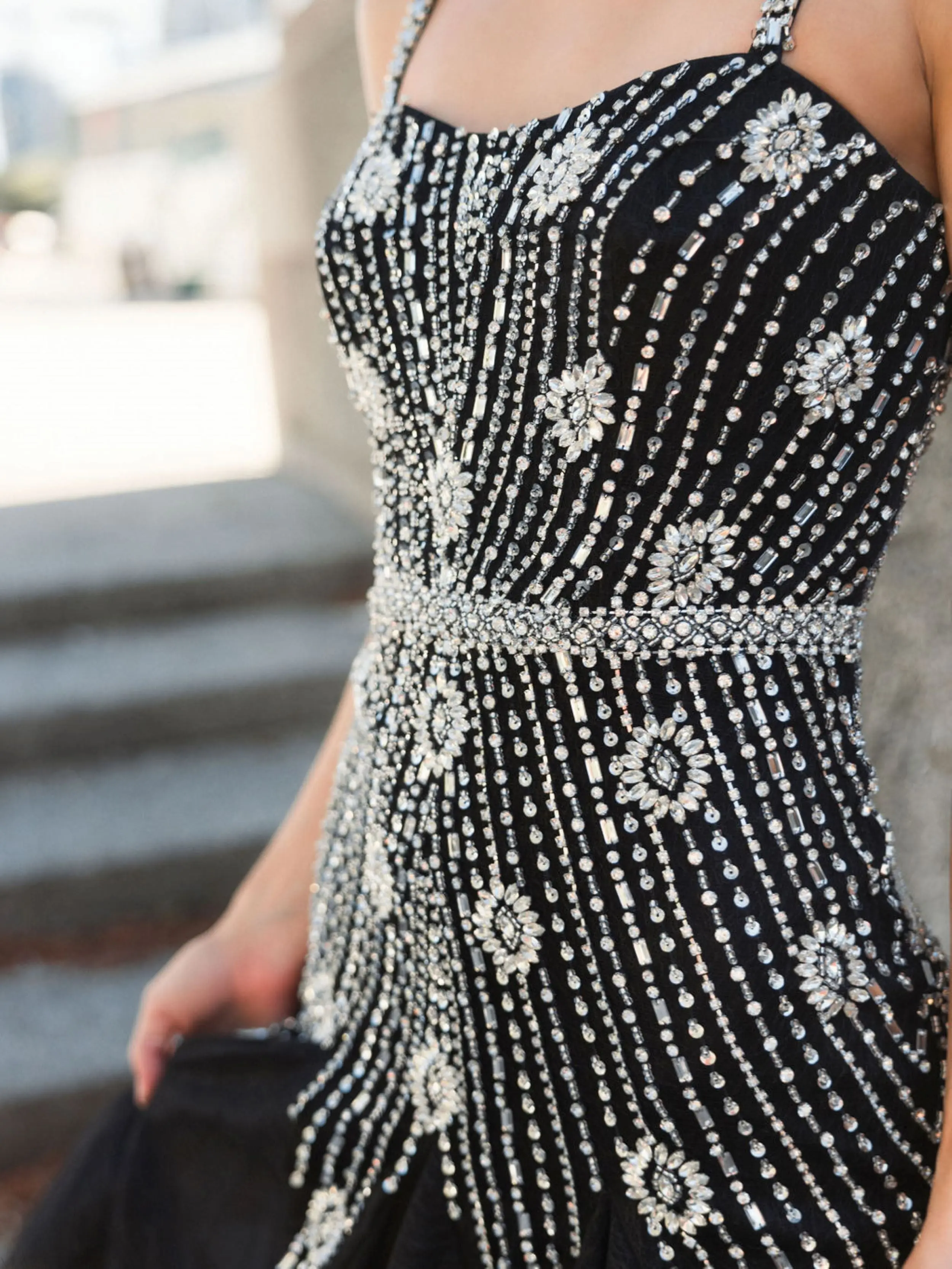 Black Slim Strap Embellished Bustier Gown - Image 6