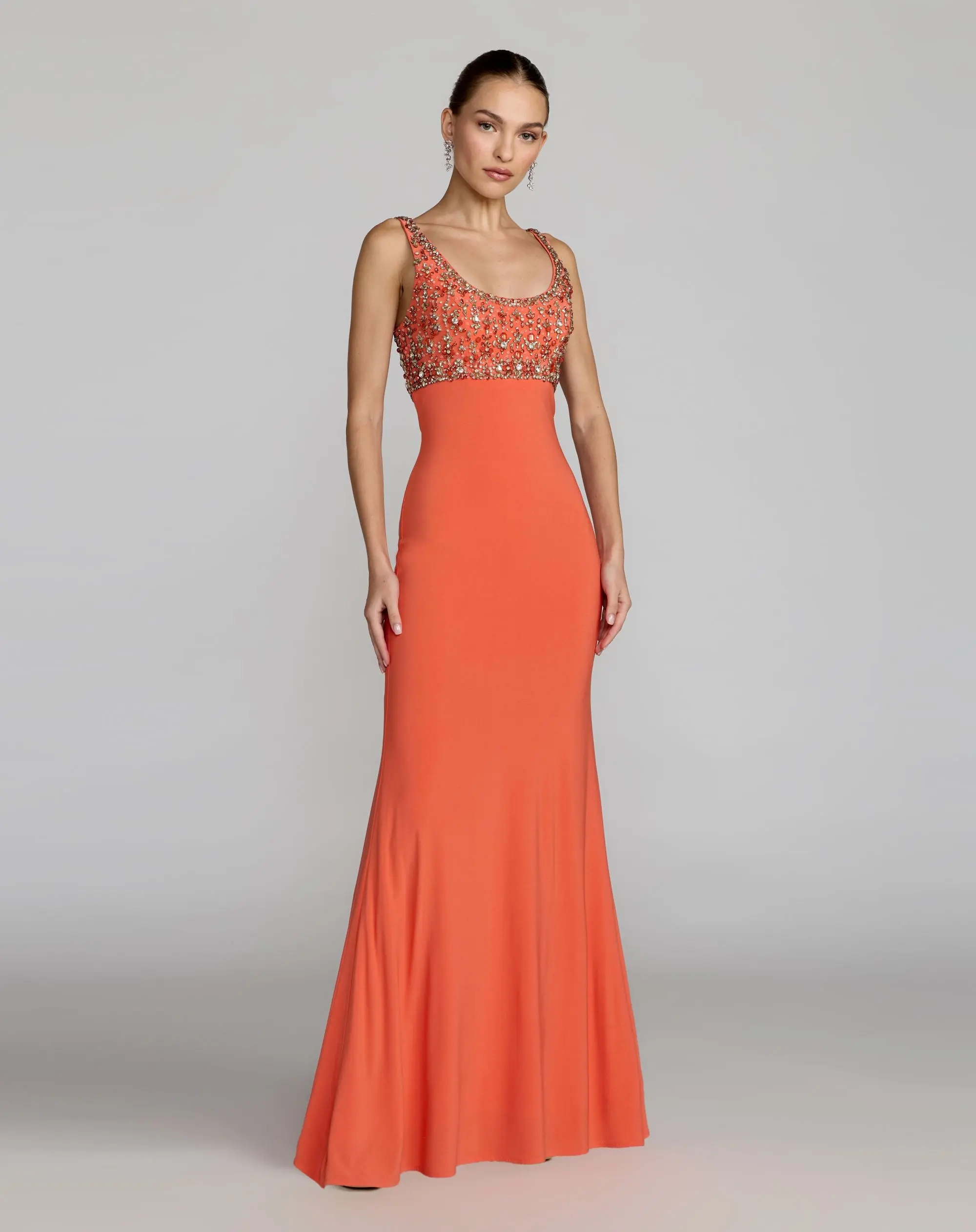 Orange Sleeveless Scoop Neck Embellished Jersey Gown