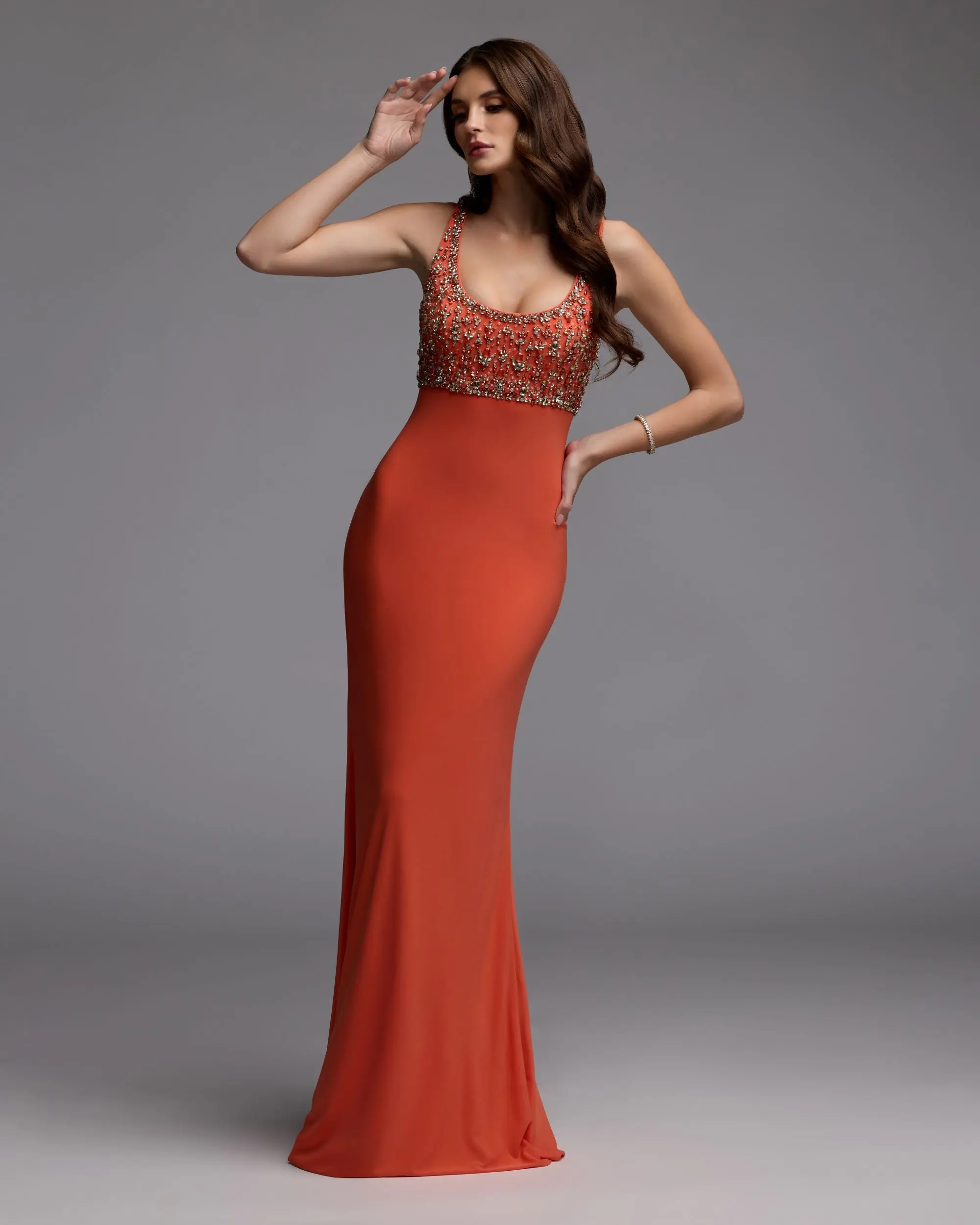 Orange Sleeveless Scoop Neck Embellished Jersey Gown - Image 6
