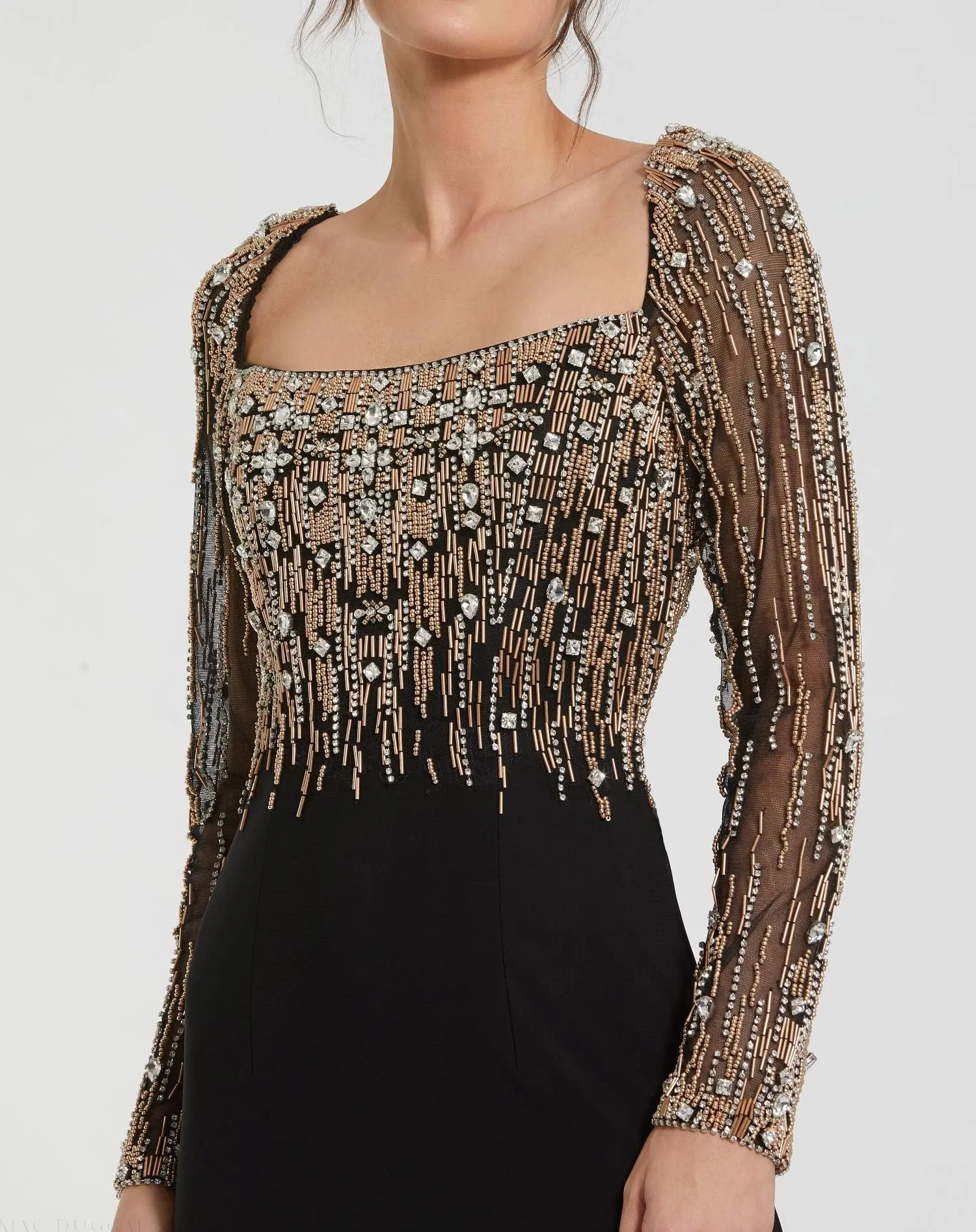 Black Beaded Square Neck Long Sleeve Jersey Gown - Image 2