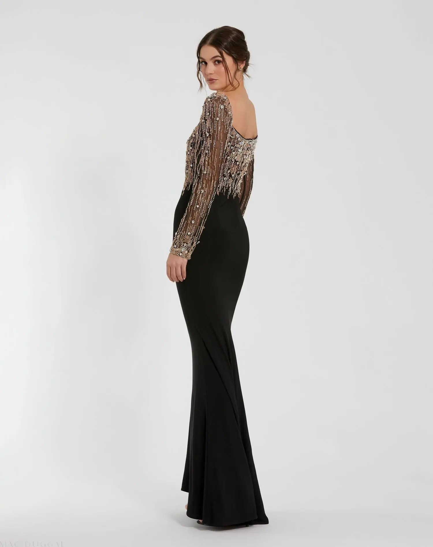 Black Beaded Square Neck Long Sleeve Jersey Gown - Image 3