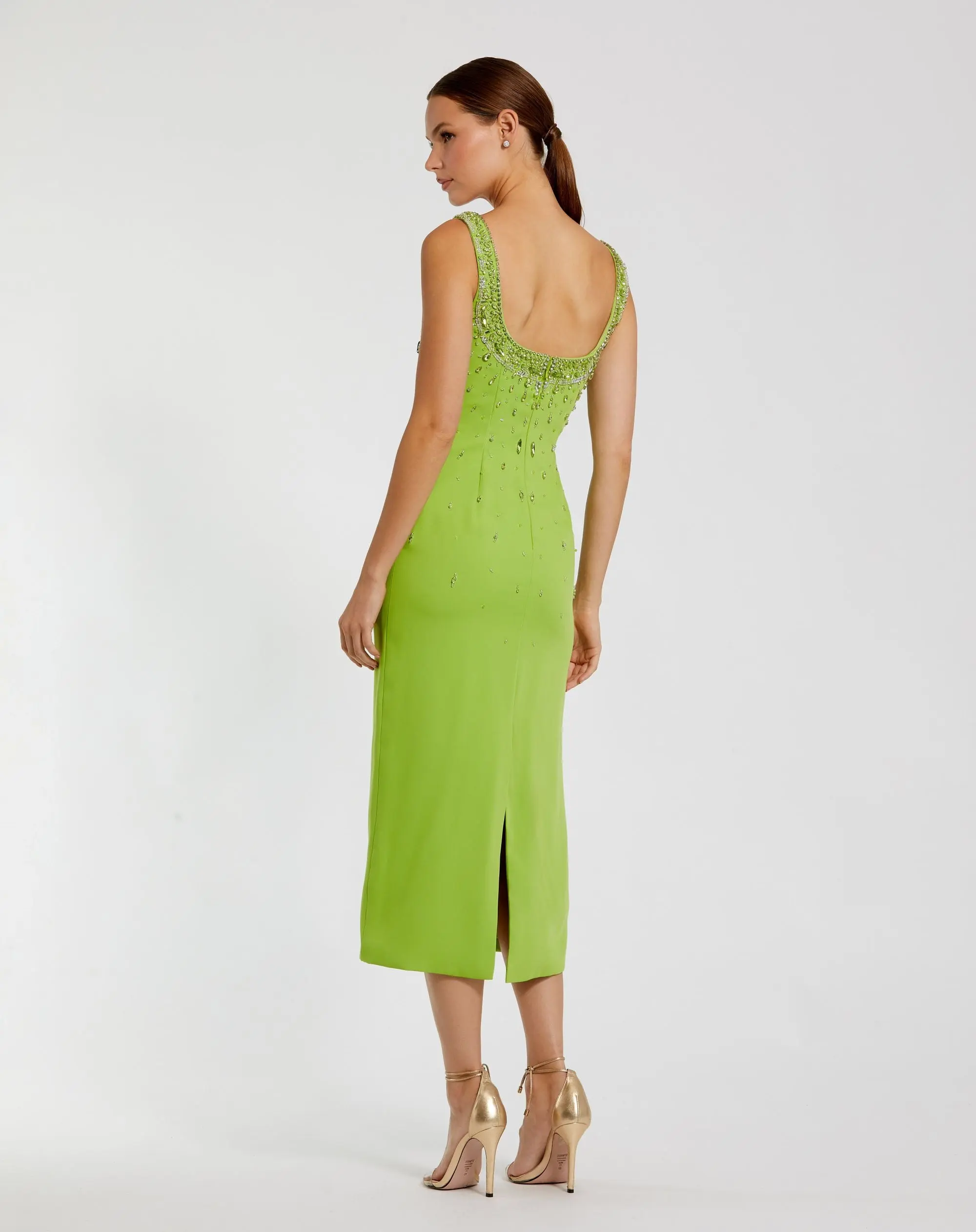 Green Beaded Crepe Scoop Neck Sleeveless Midi Dress - Image 3
