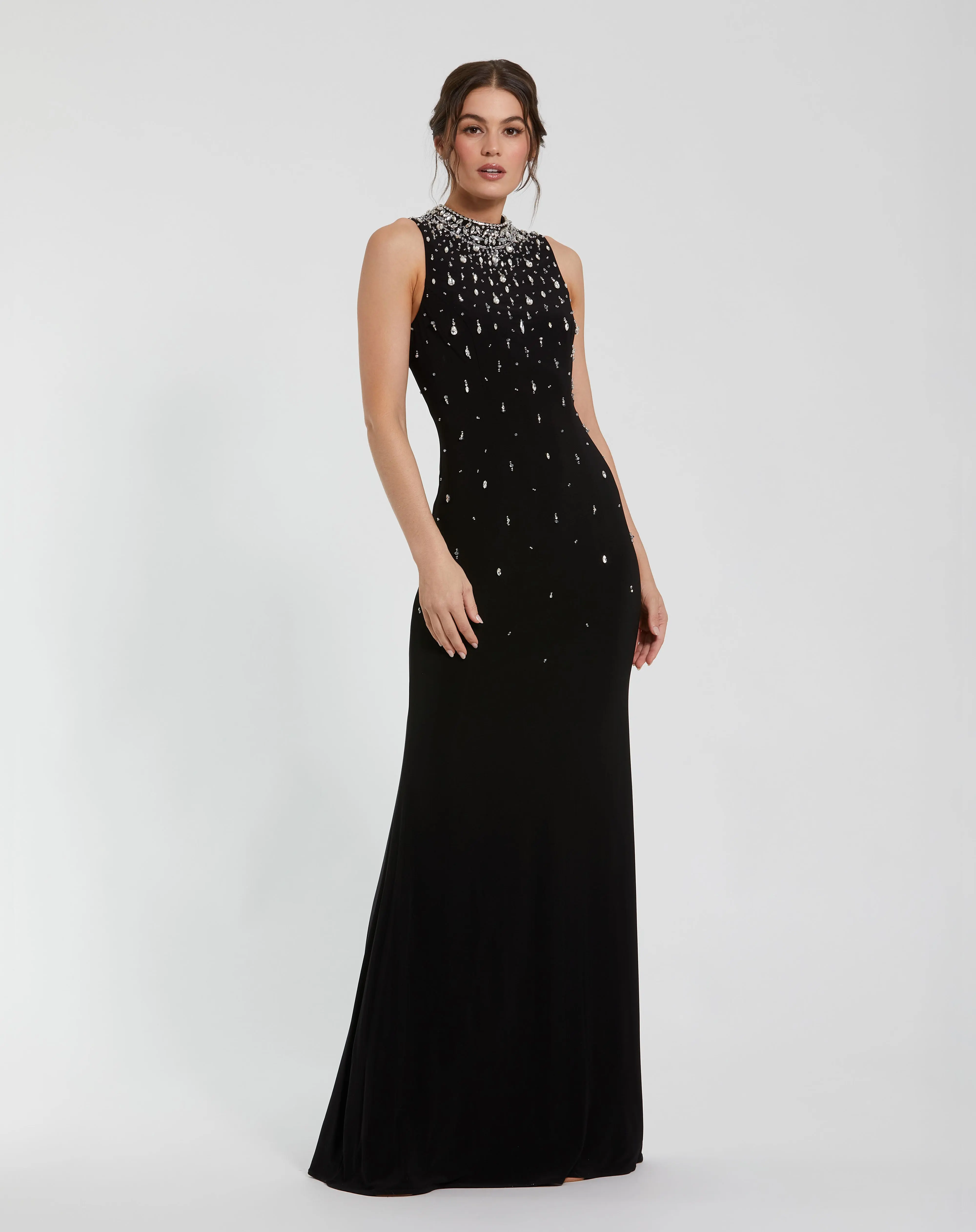Black Rhinestone Embellished Sleeveless Crepe Gown