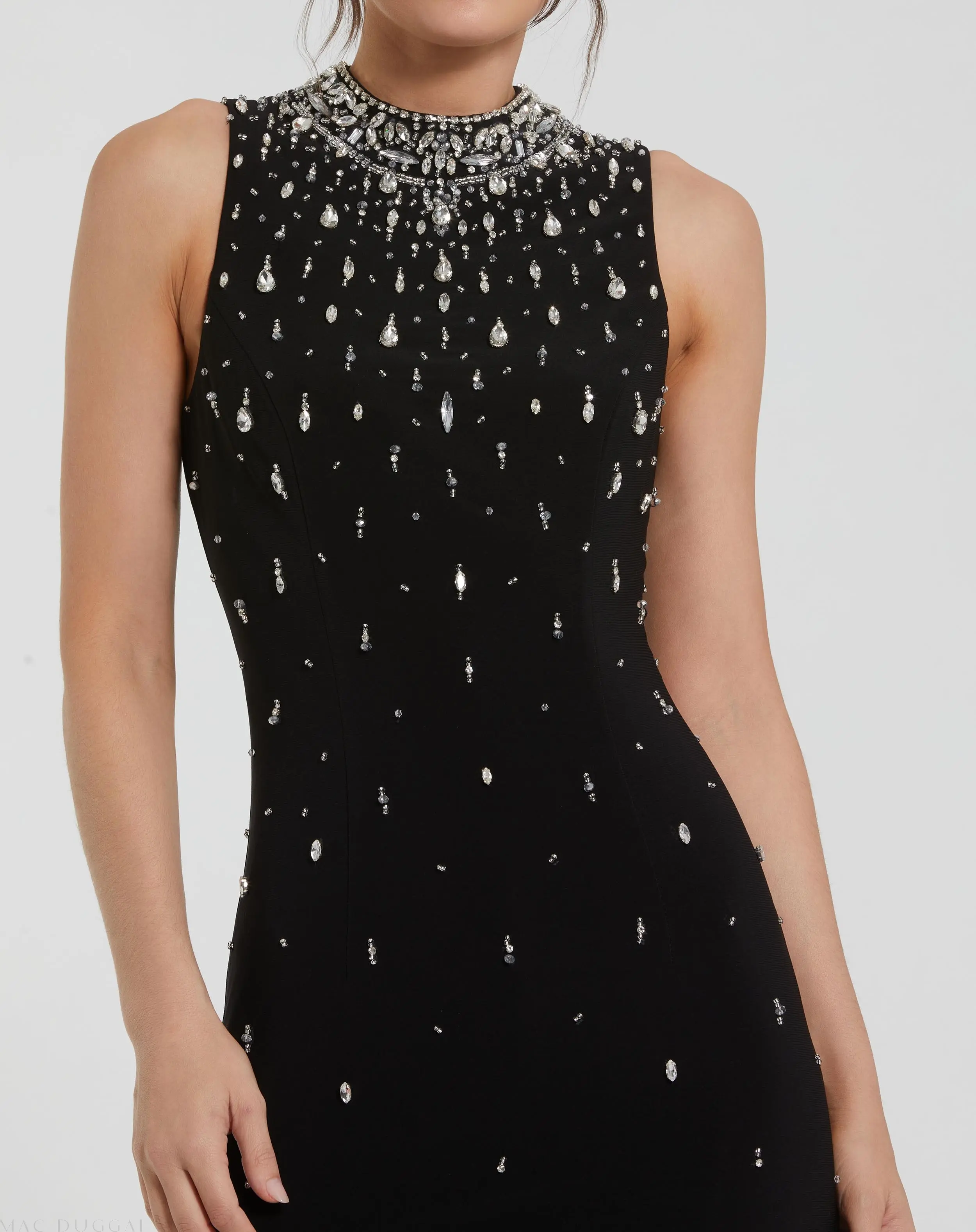 Black Rhinestone Embellished Sleeveless Crepe Gown - Image 2