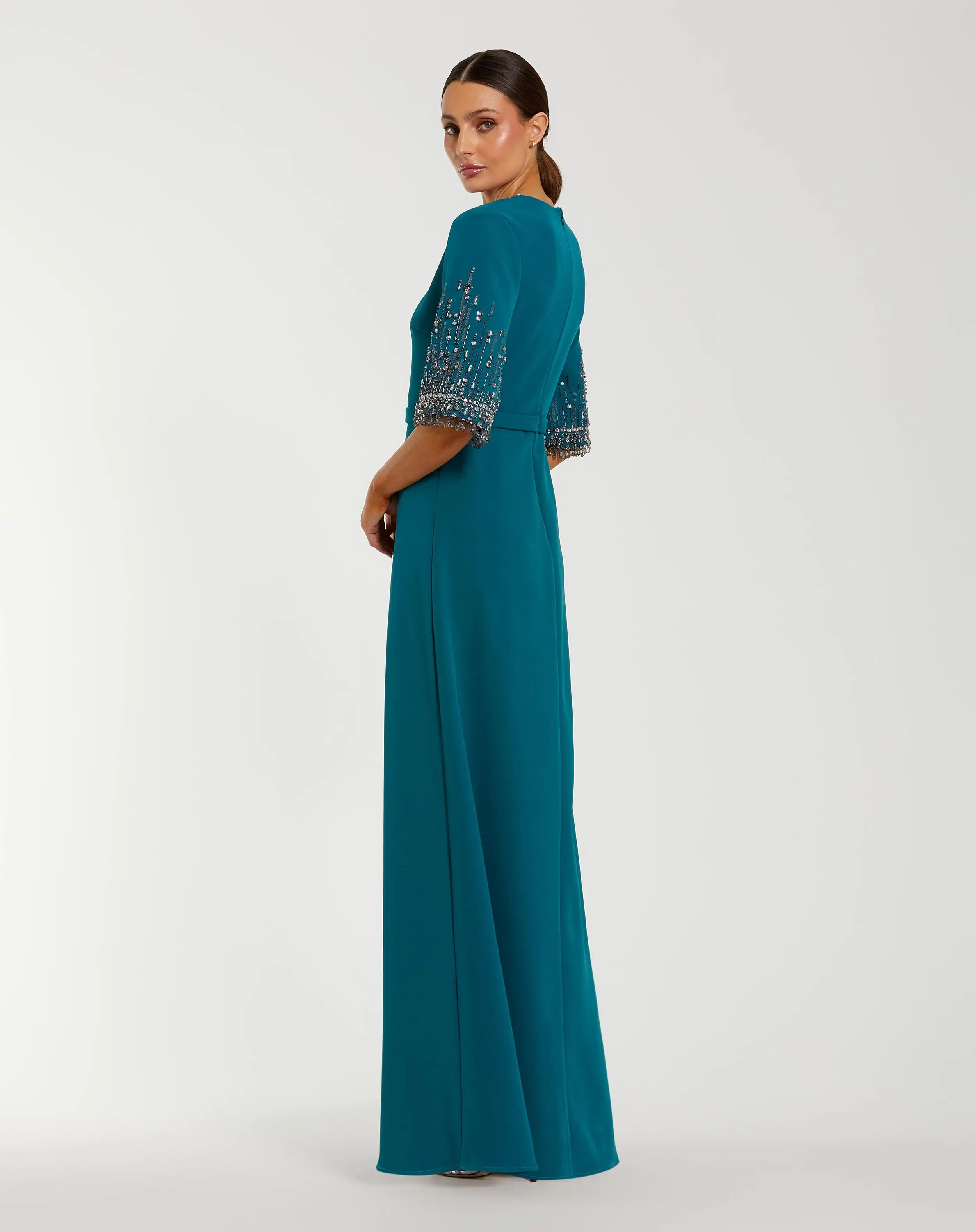 Blue Crepe A Line Gown with Beaded 3/4 Sleeves - Image 3