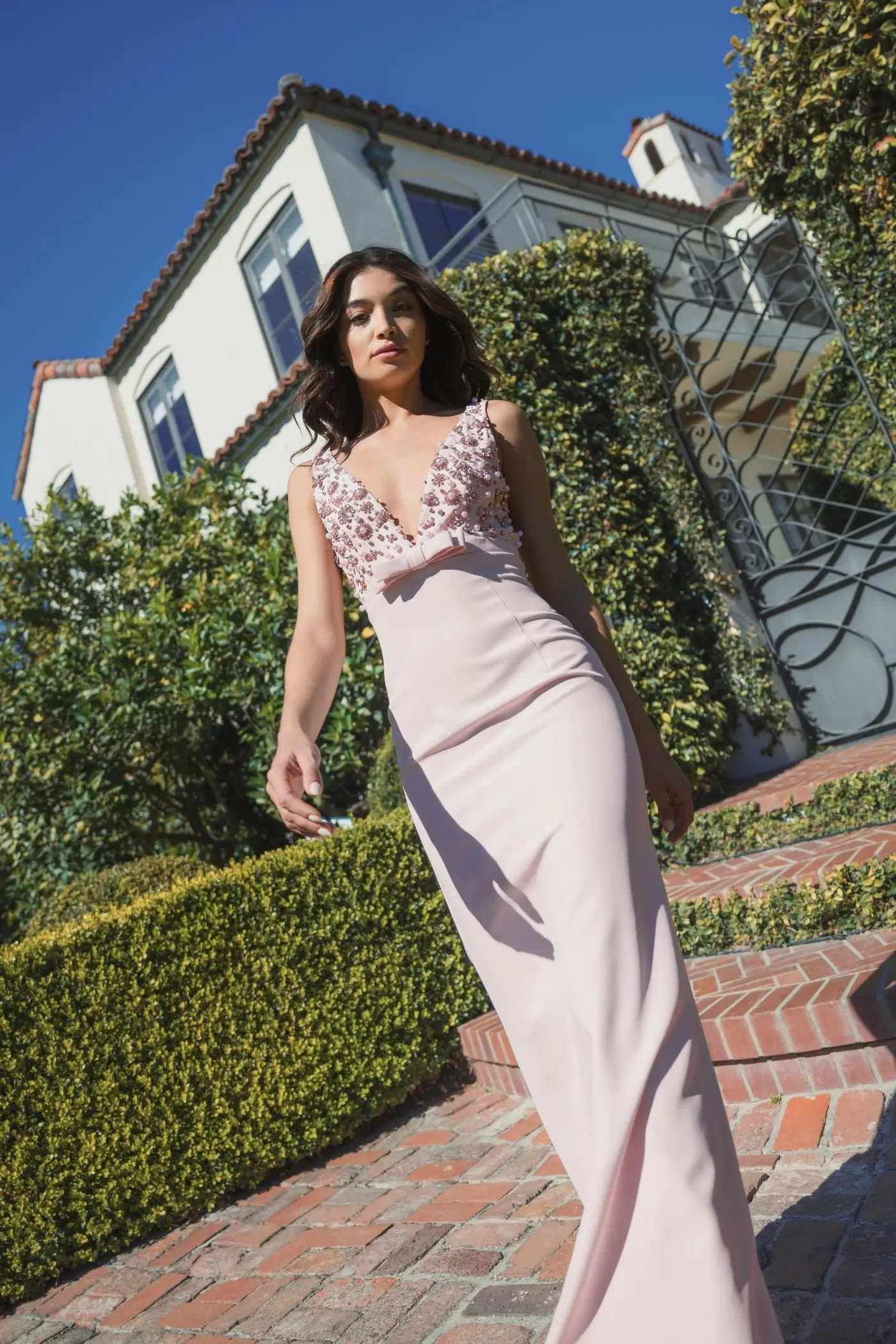 Pink Sleeveless Embellished Crepe Gown With Bow - Image 6