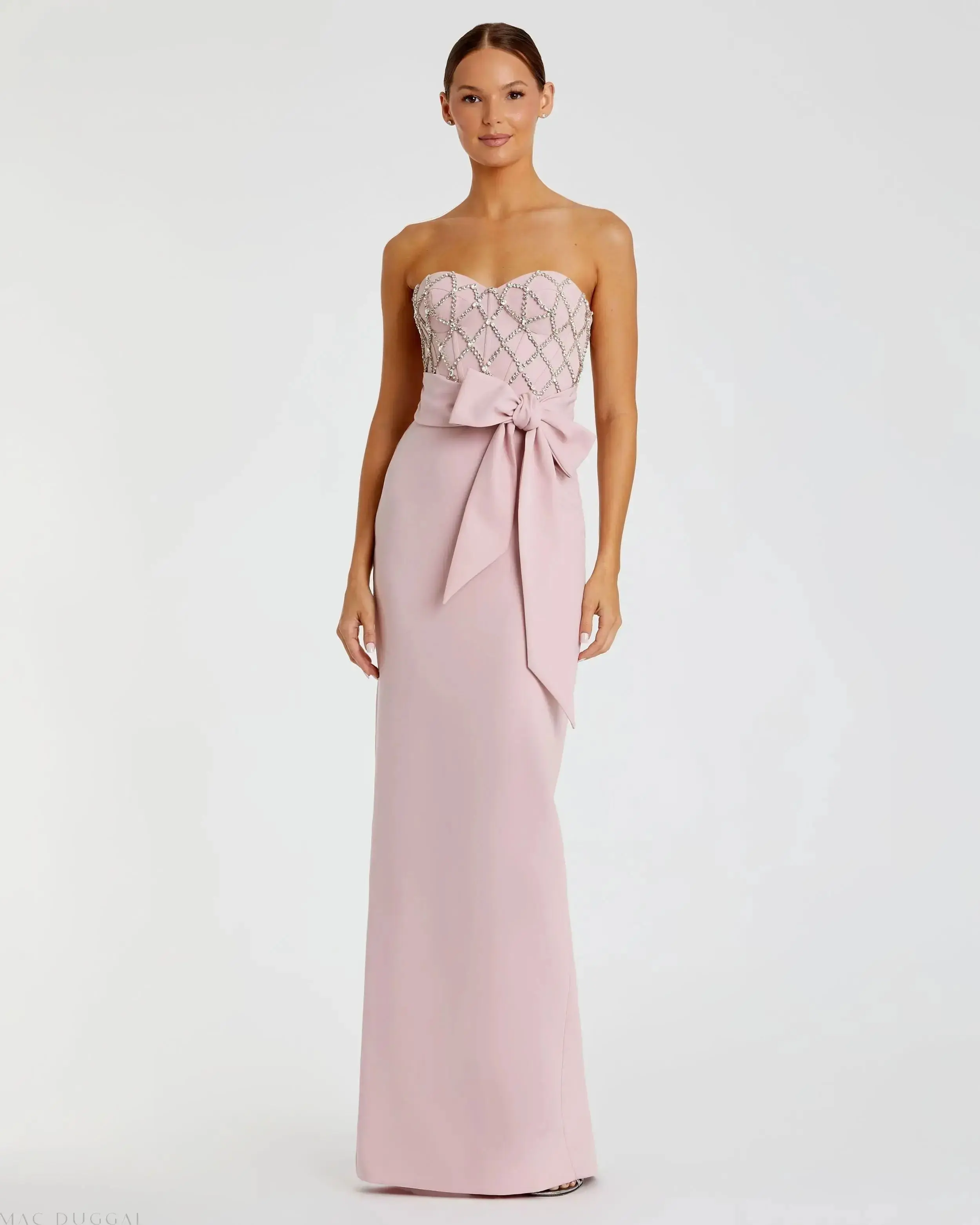 Pink Strapless Embellished Crepe Gown With Bow