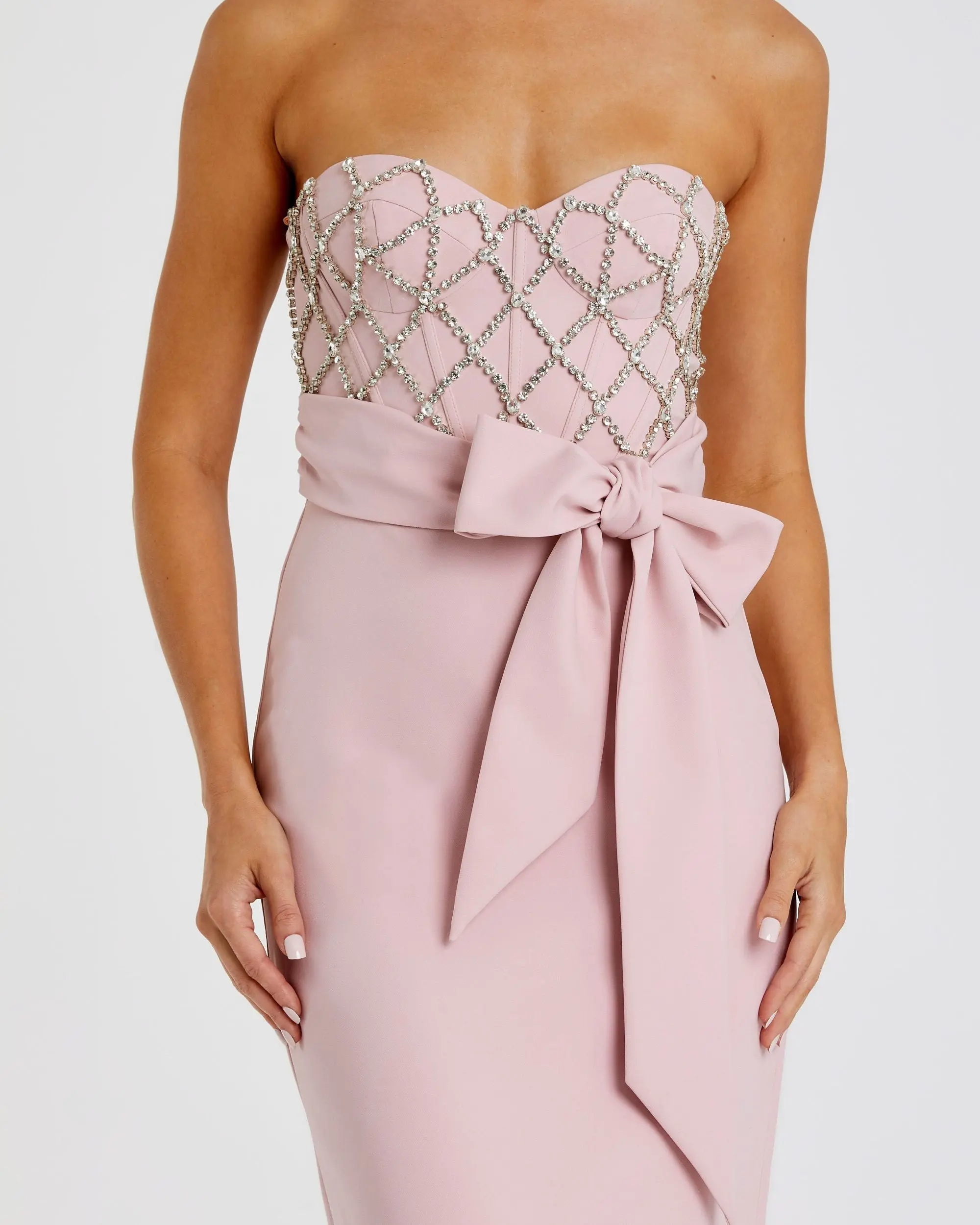 Pink Strapless Embellished Crepe Gown With Bow - Image 2