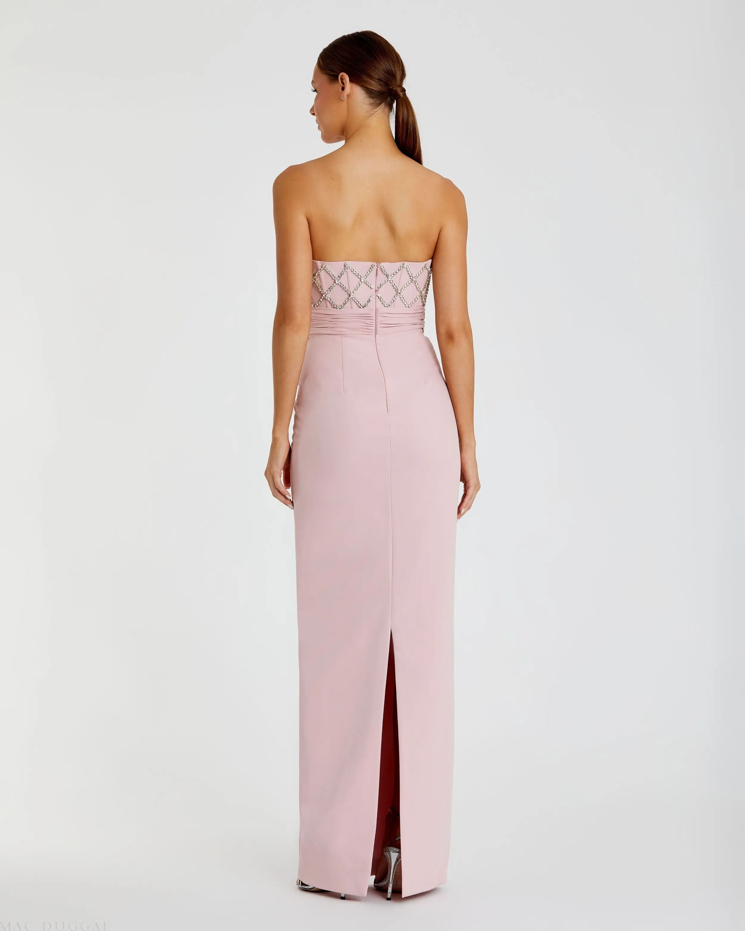 Pink Strapless Embellished Crepe Gown With Bow - Image 3