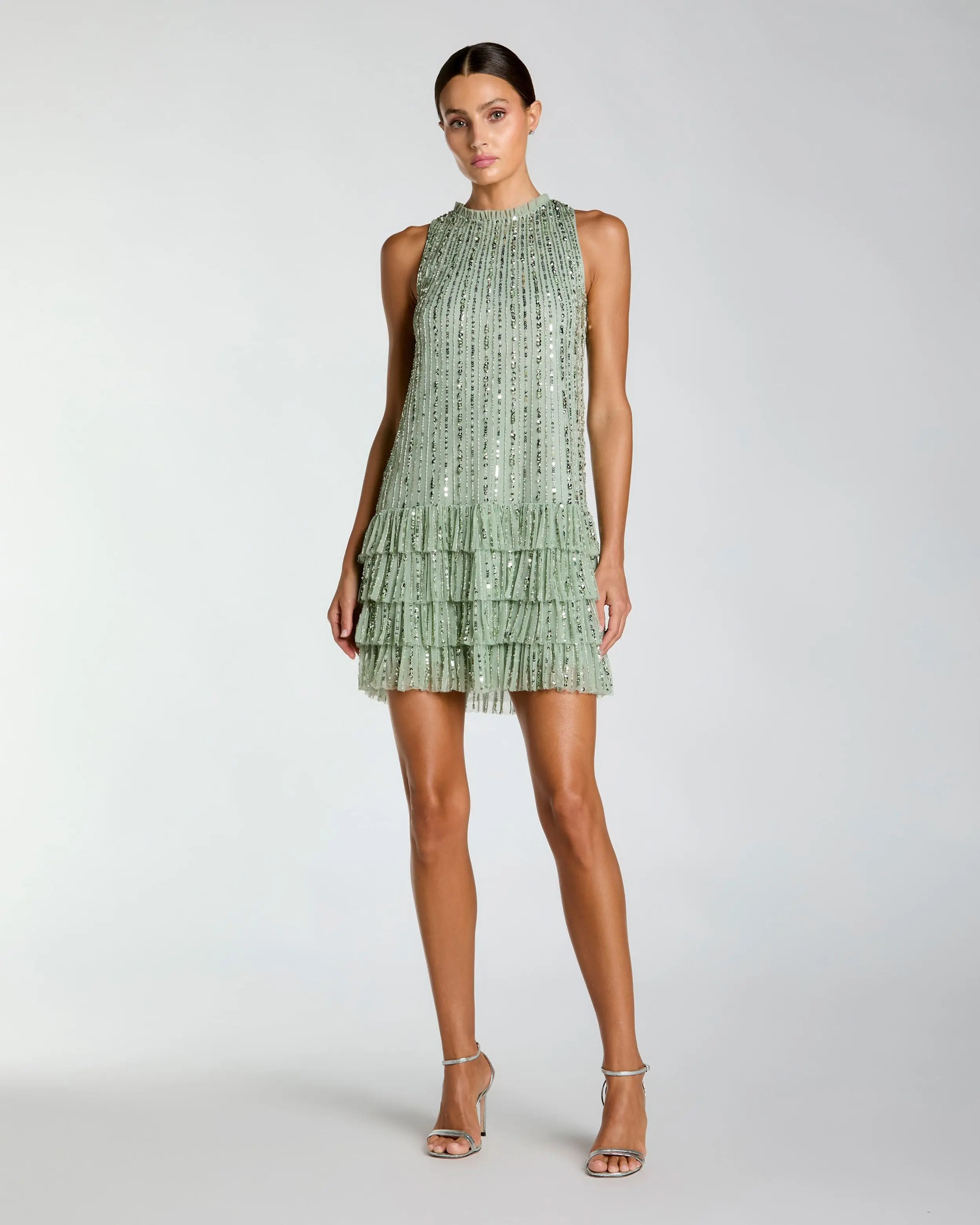 Green Striped Sequin Tiered Ruffle Mini Dress