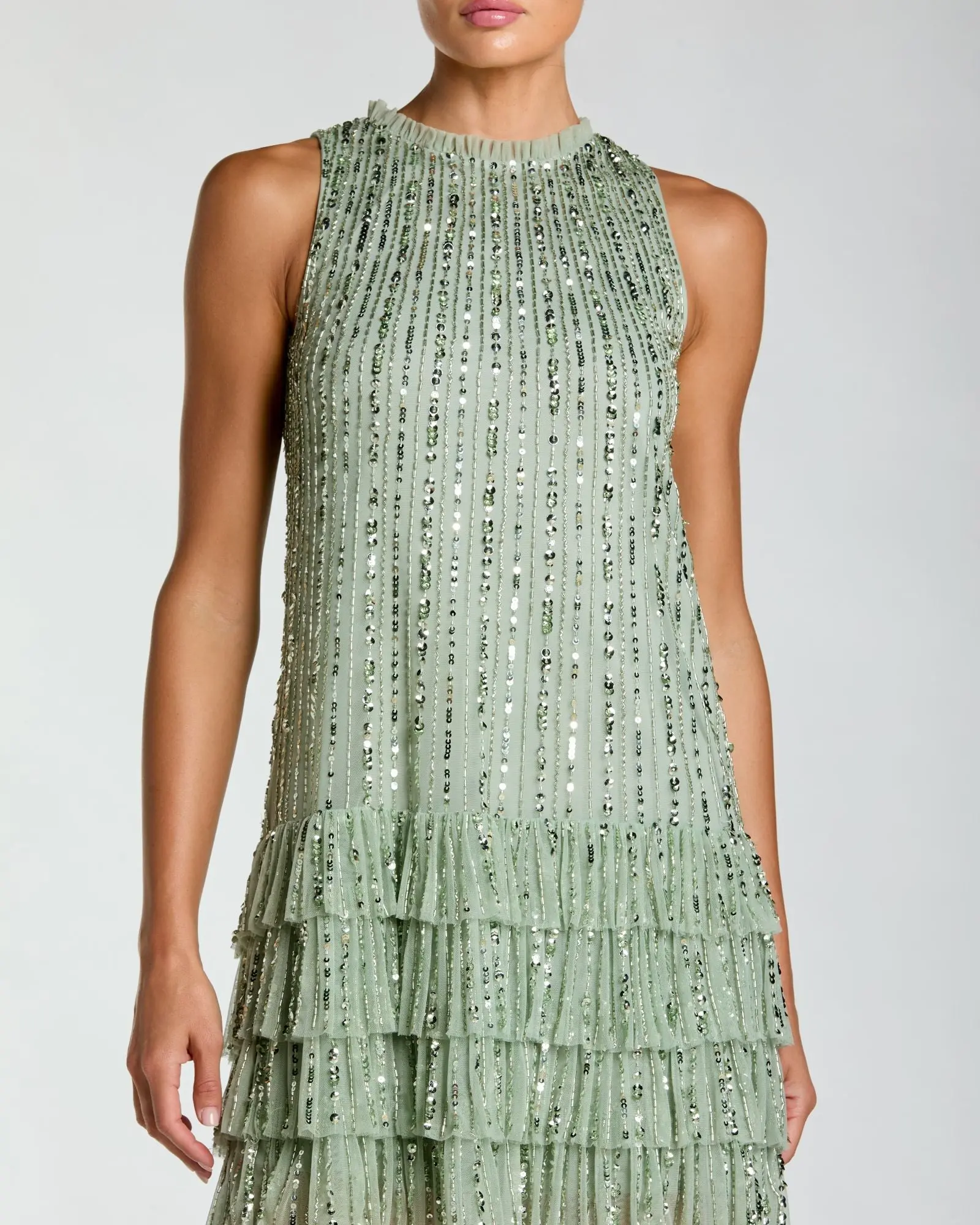 Green Striped Sequin Tiered Ruffle Mini Dress - Image 2