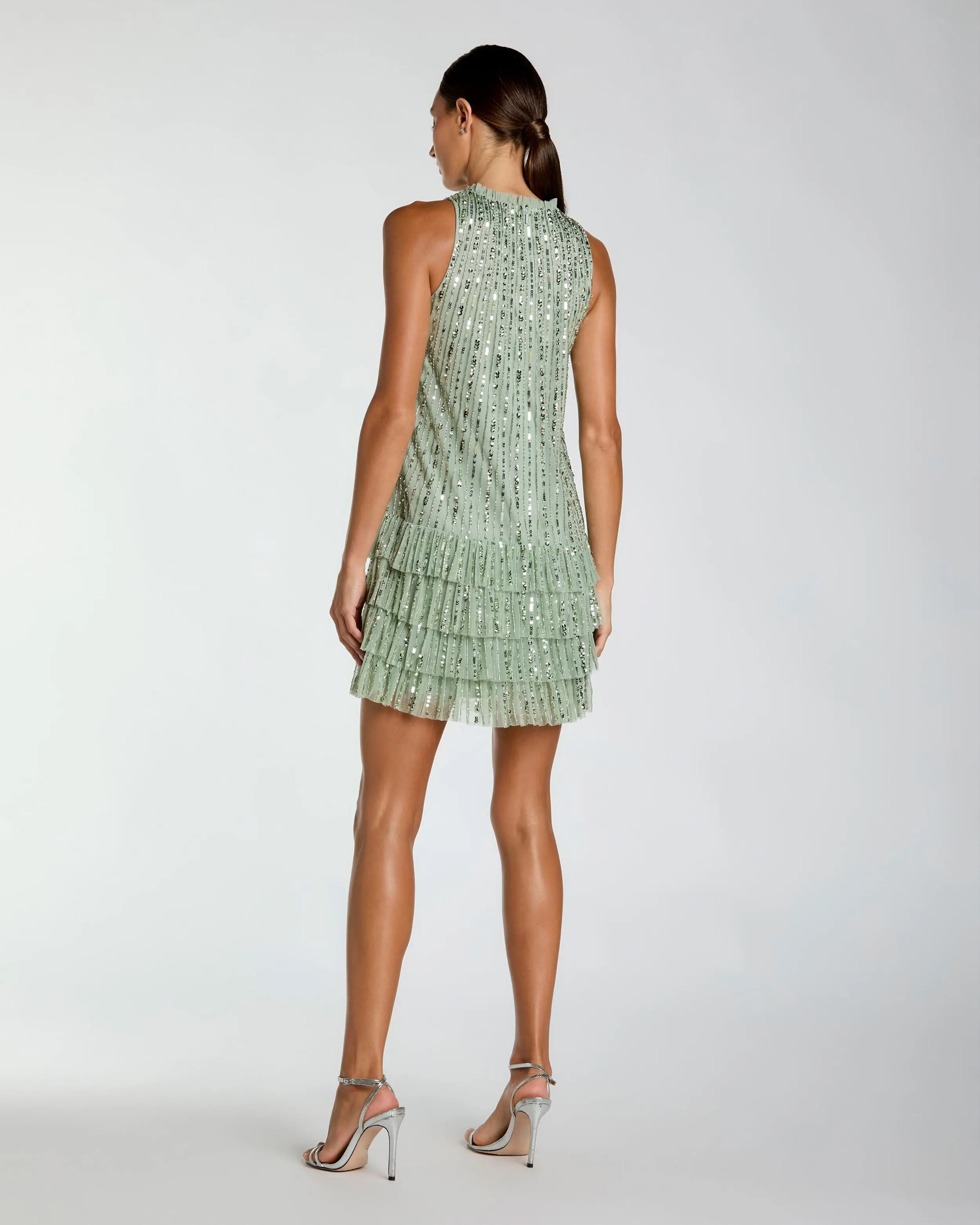 Green Striped Sequin Tiered Ruffle Mini Dress - Image 3