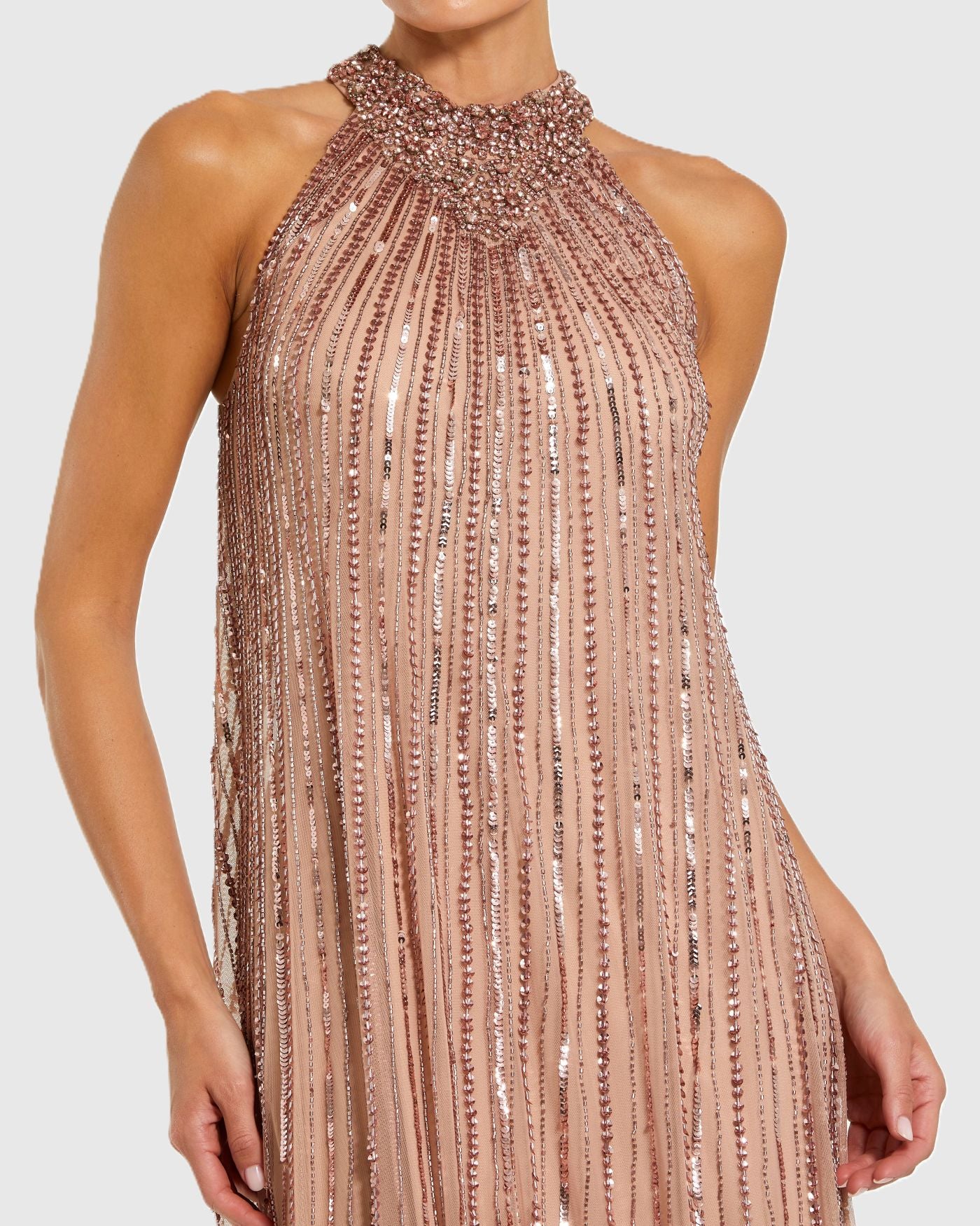 Pink Sleeveless Halter Neck Embellished Trapeze Gown - Image 2