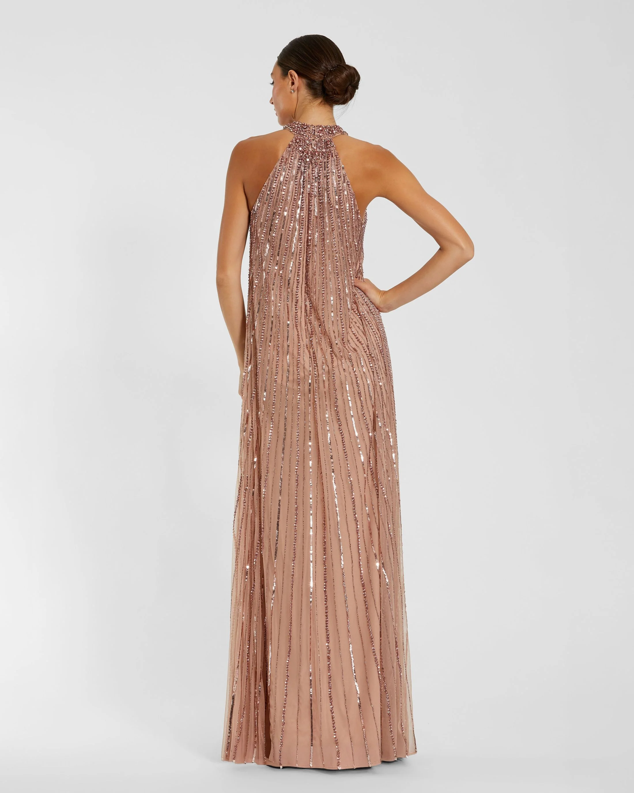 Pink Sleeveless Halter Neck Embellished Trapeze Gown - Image 3