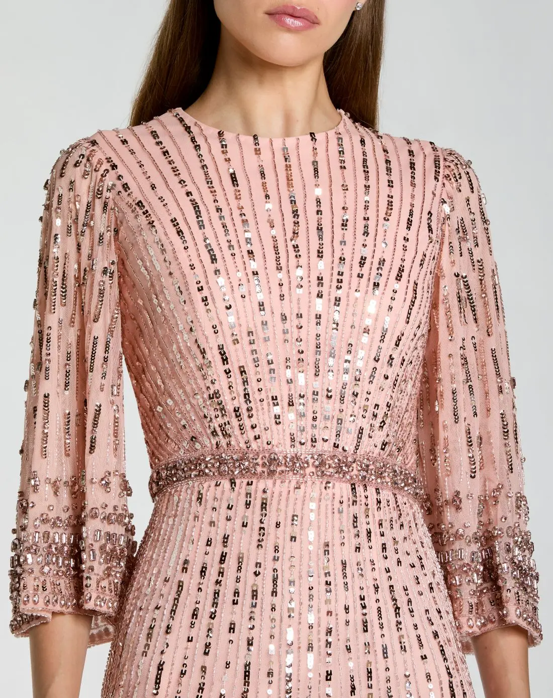 Pink High Neck Embellished Gown With 3/4 Sleeves - Image 2