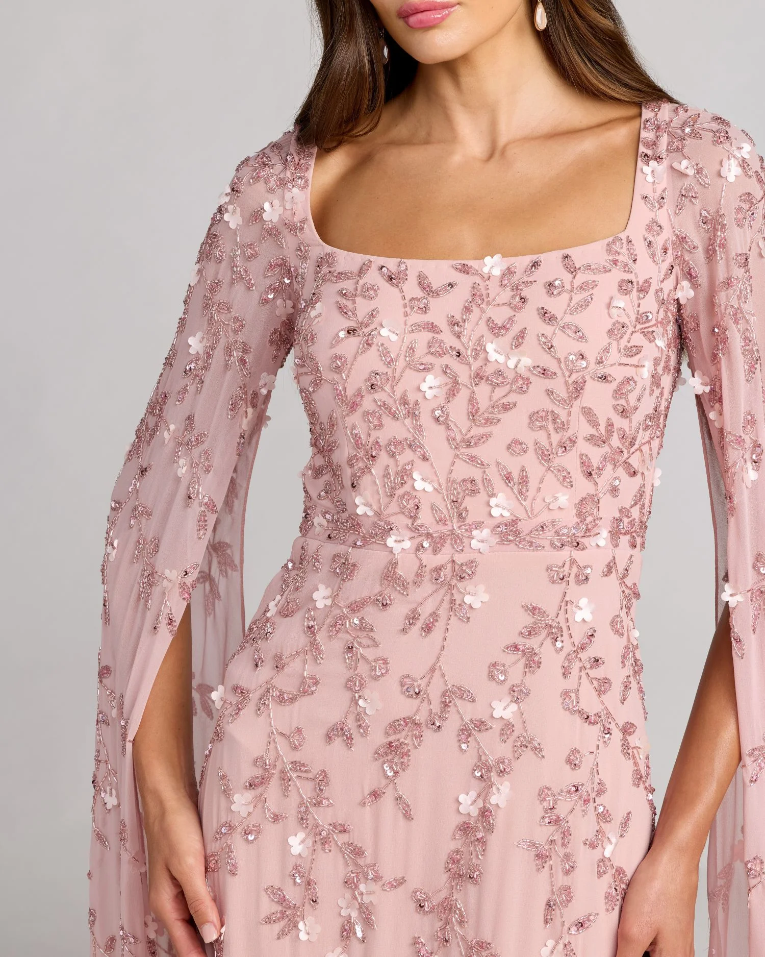 Pink Floral Embellished Cape Sleeve Gown - Image 2