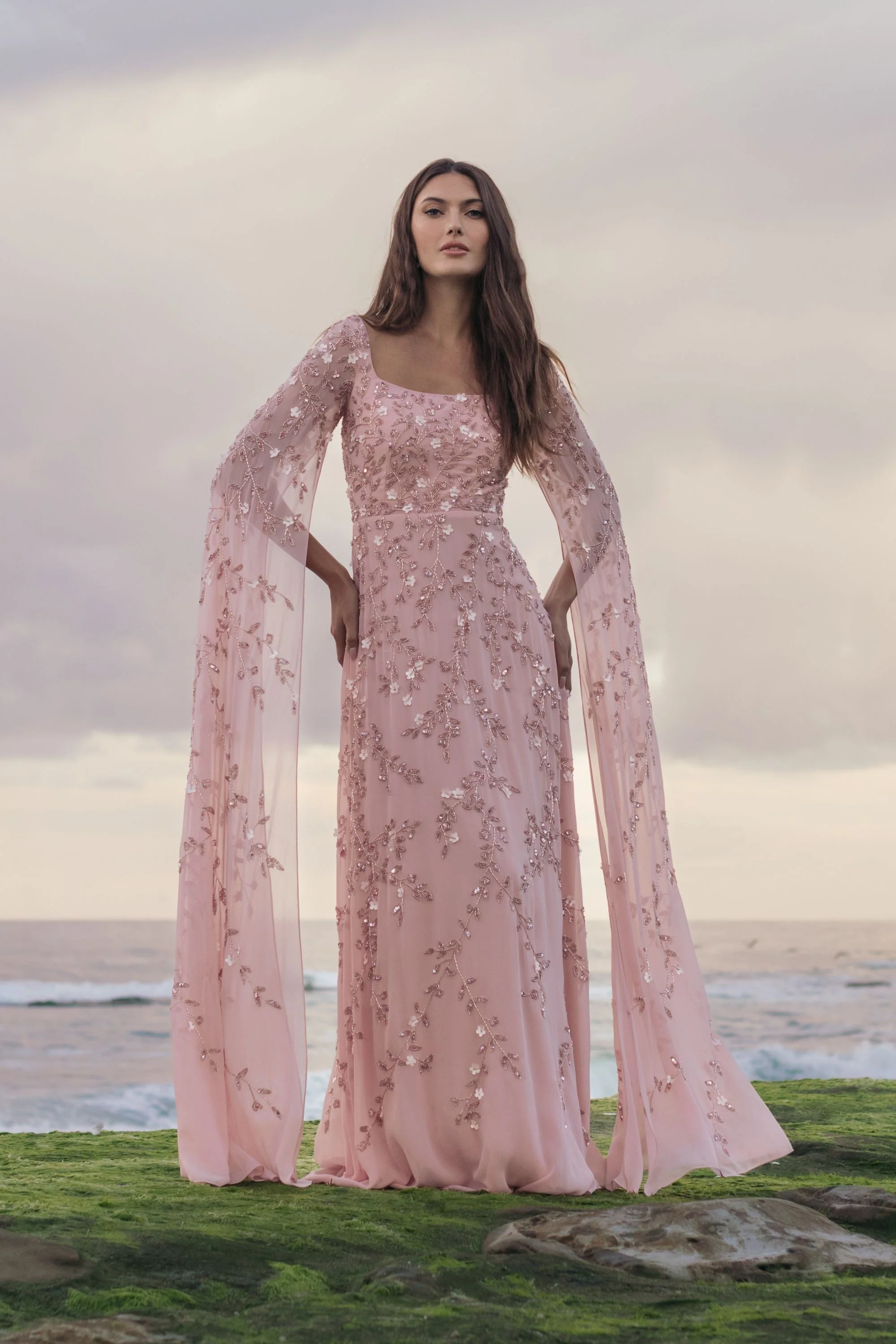 Pink Floral Embellished Cape Sleeve Gown - Image 4