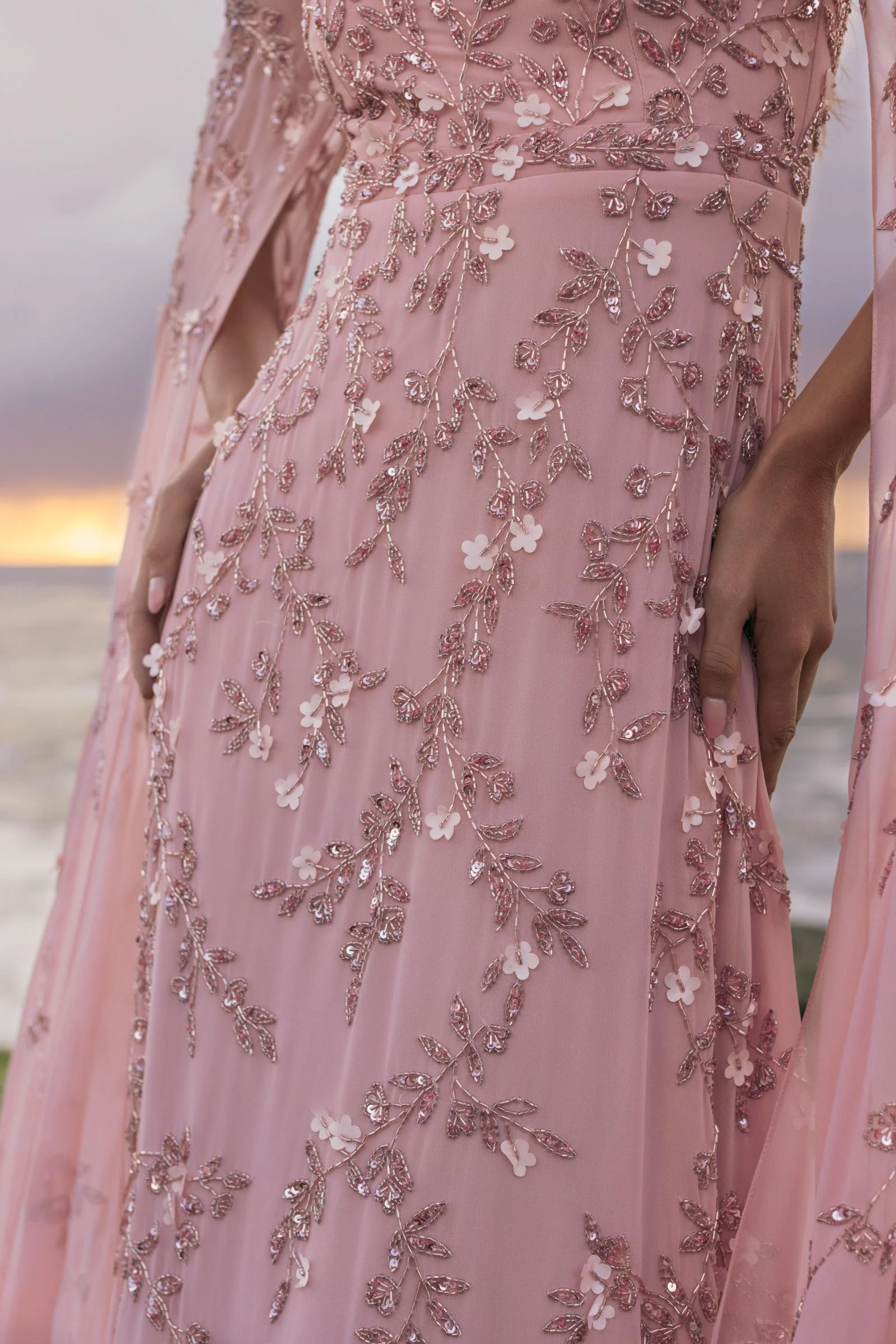 Pink Floral Embellished Cape Sleeve Gown - Image 5