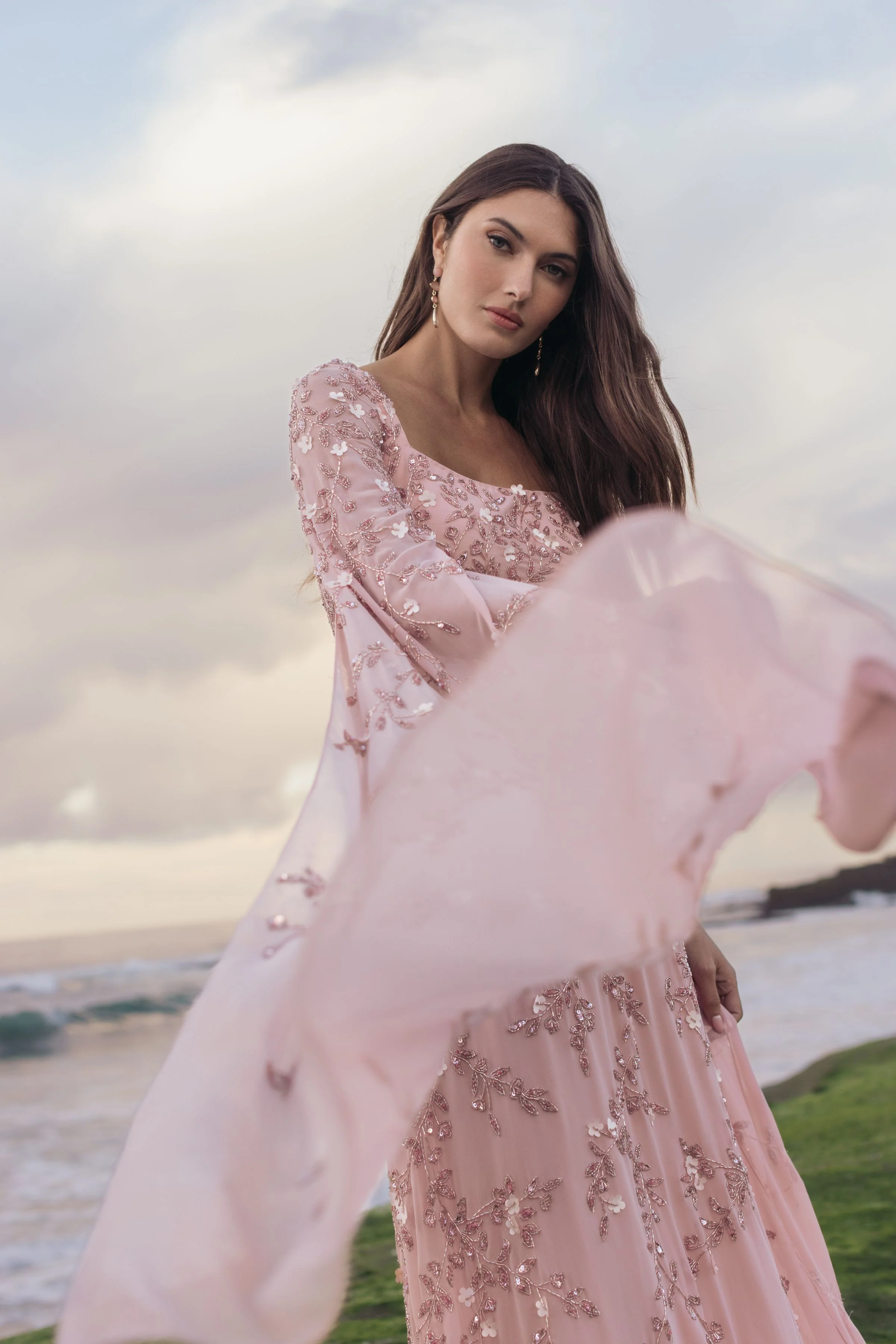 Pink Floral Embellished Cape Sleeve Gown - Image 6