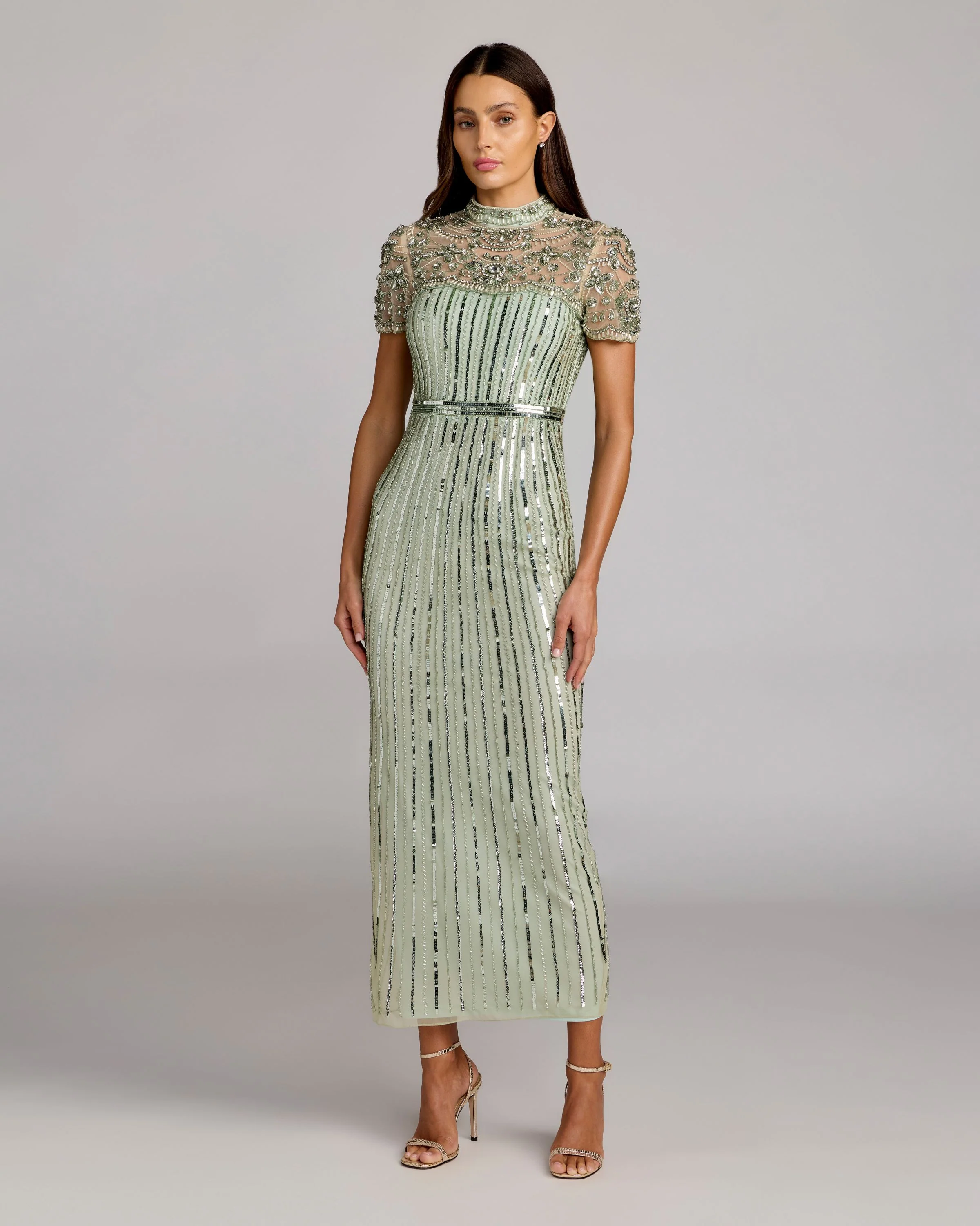 Green Beaded Mock Neck Midi Dress