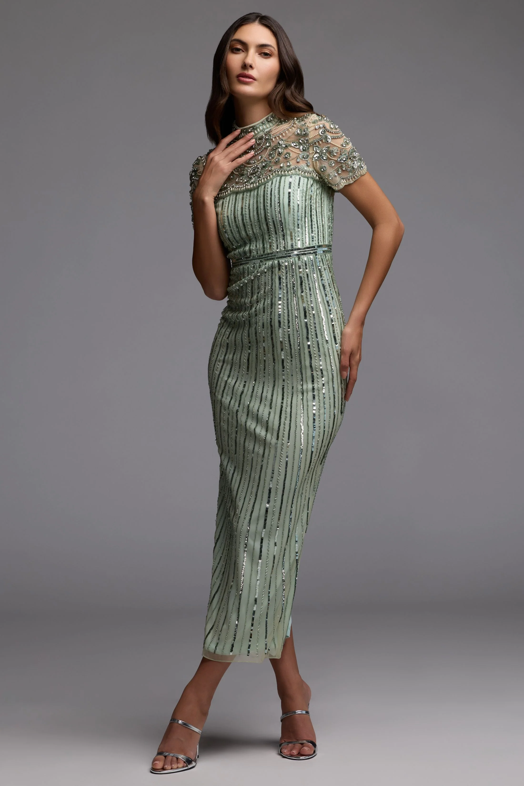 Green Beaded Mock Neck Midi Dress - Image 6