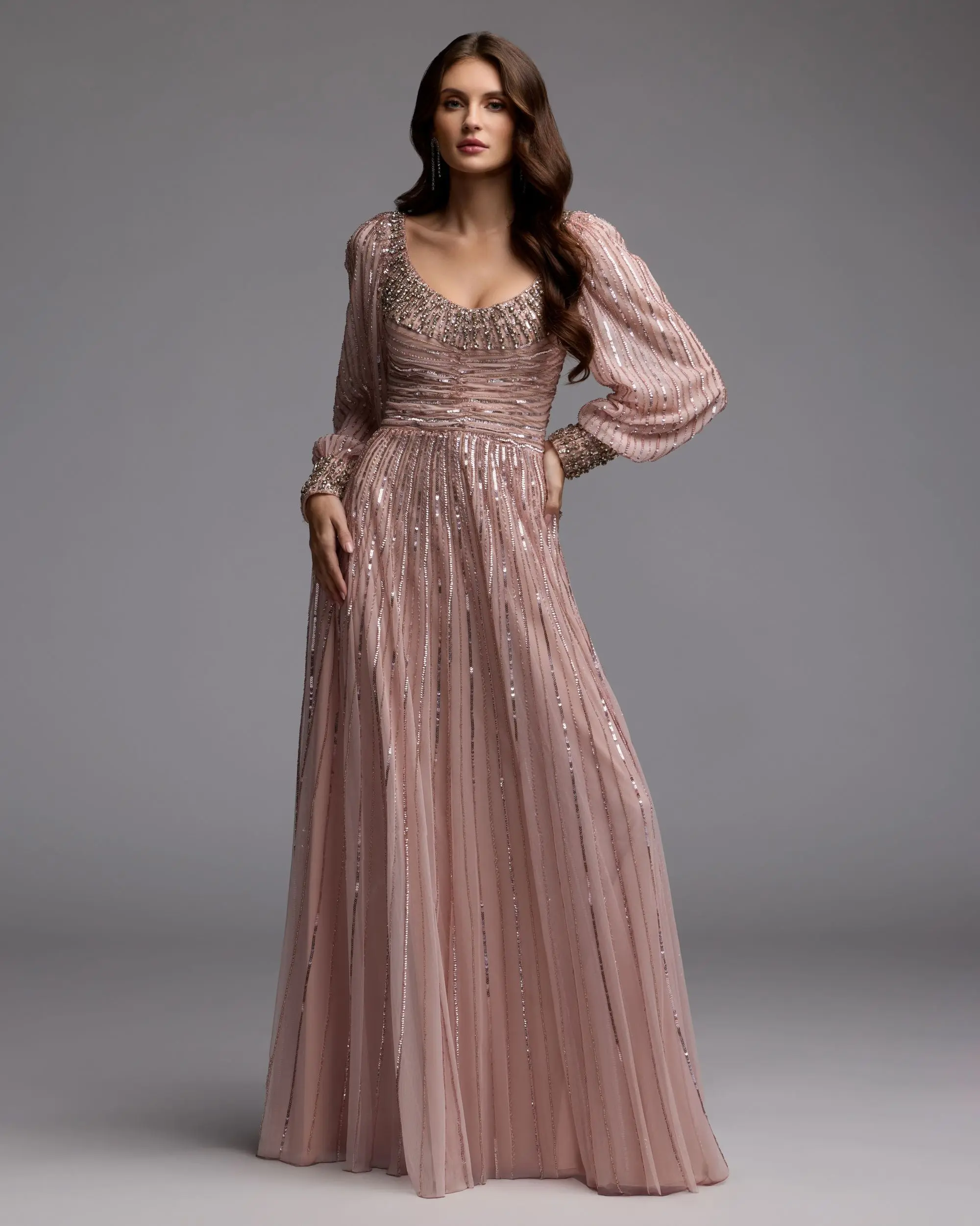 Pink Embellished Long Sleeve Scoop Neck A-Line Gown - Image 5