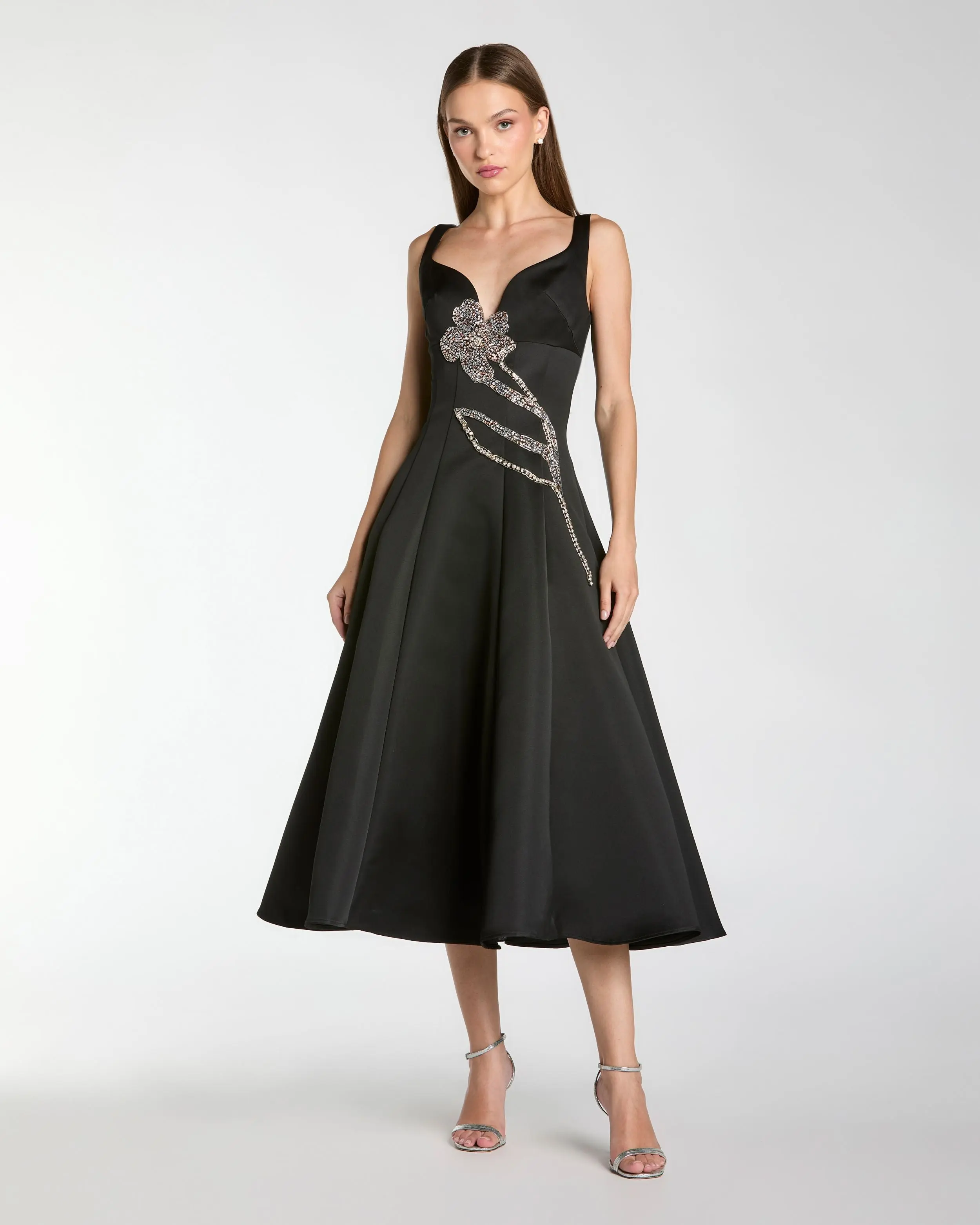 Black A-Line Midi Dress With Embellished Flower