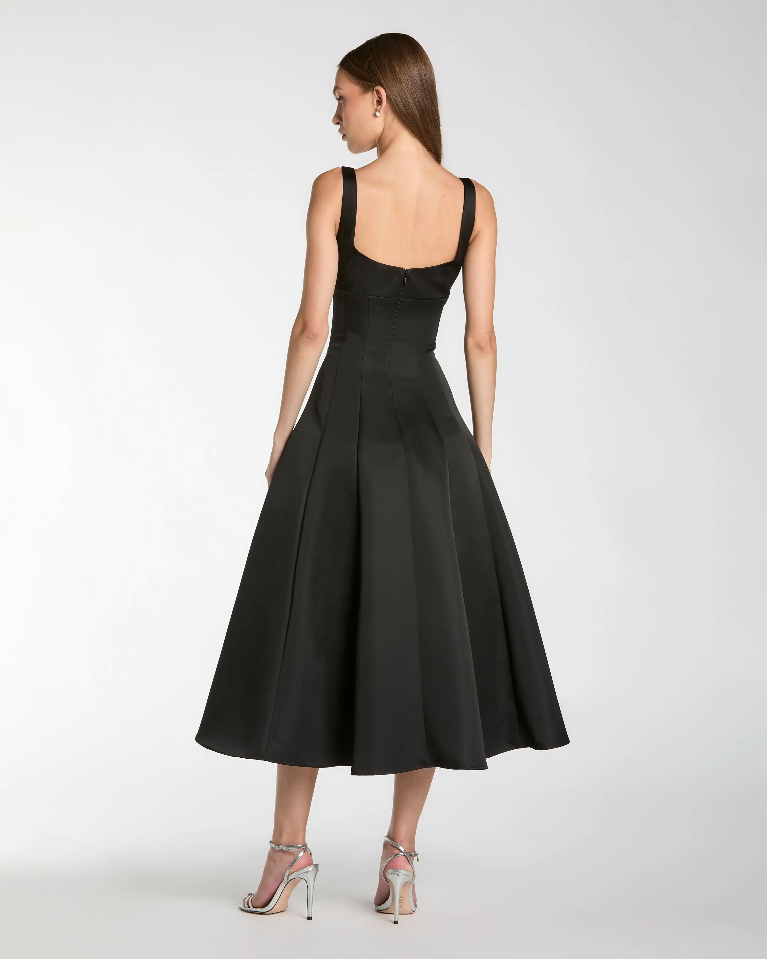 Black A-Line Midi Dress With Embellished Flower - Image 3