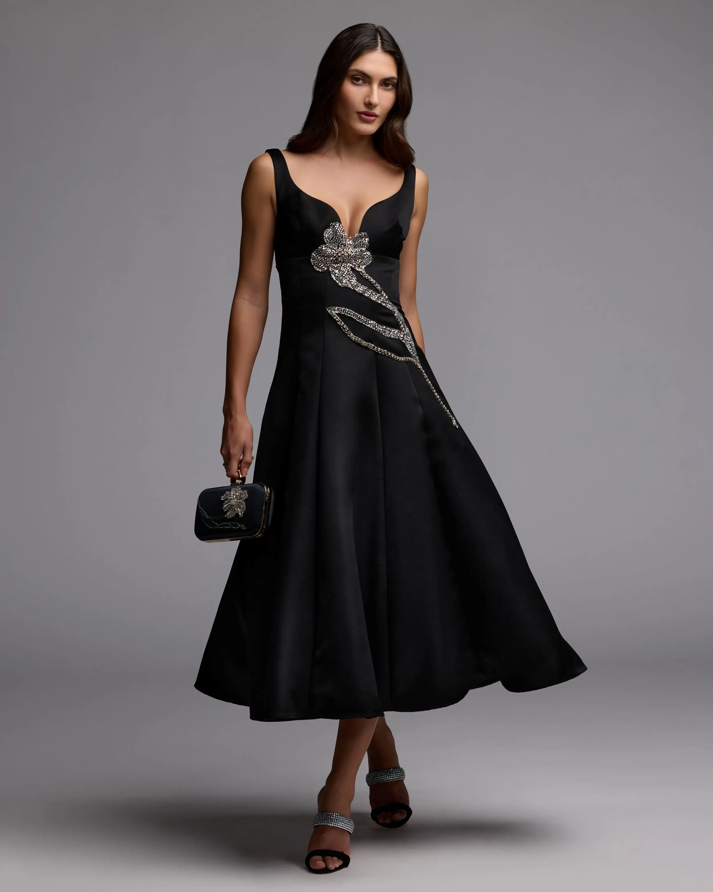 Black A-Line Midi Dress With Embellished Flower - Image 4