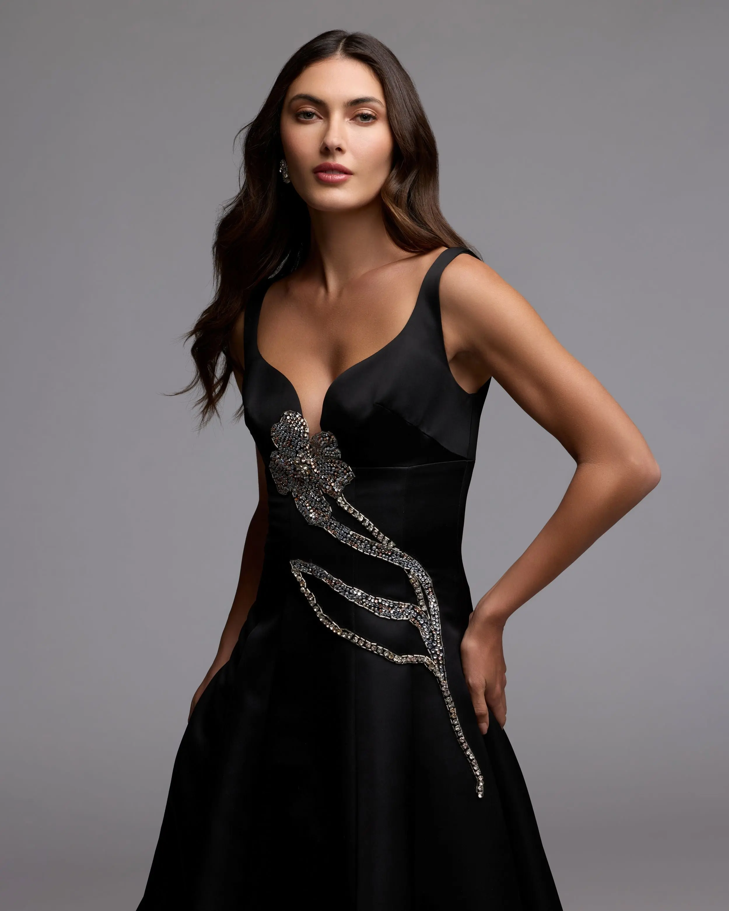 Black A-Line Midi Dress With Embellished Flower - Image 6
