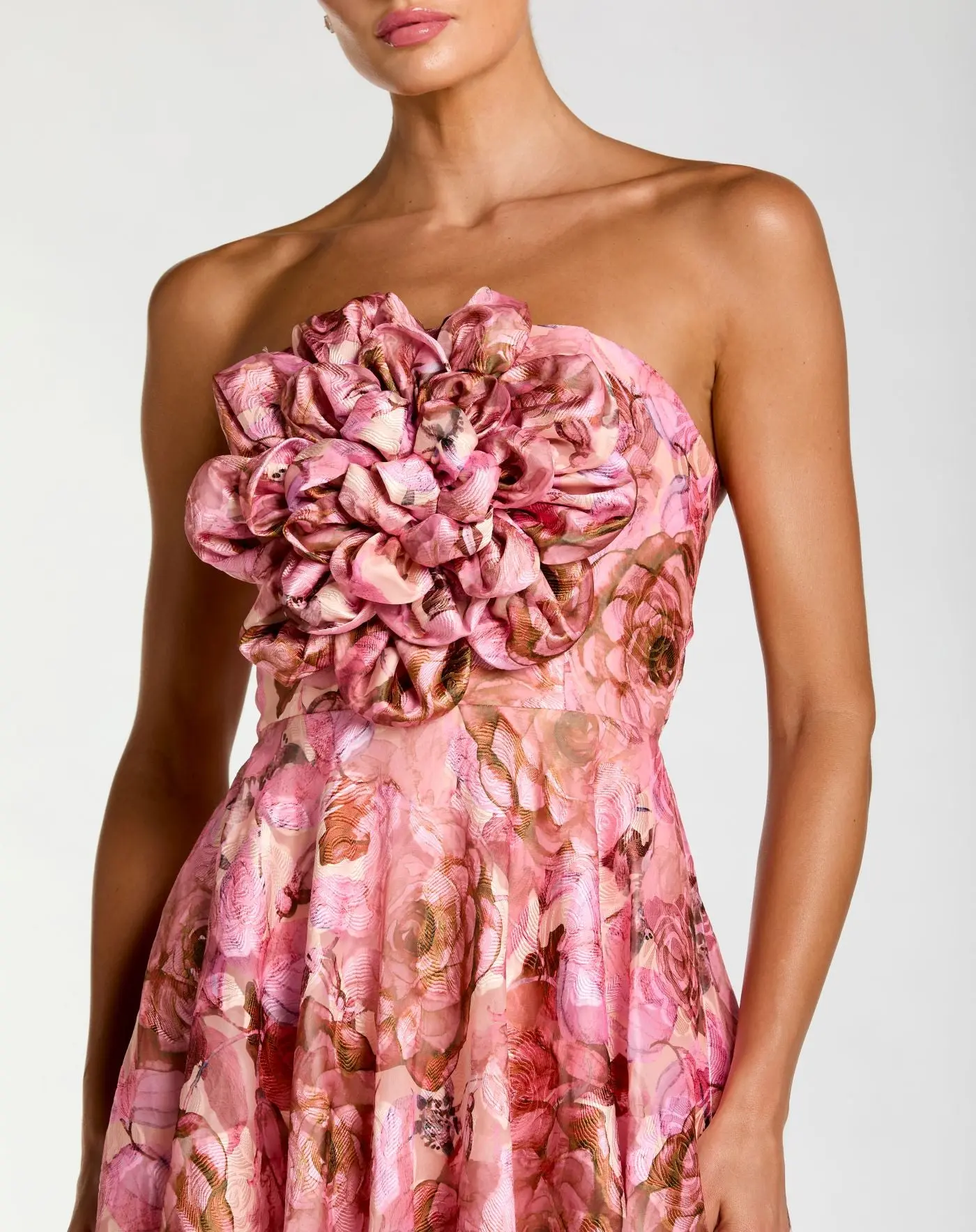 Pink Strapless Floral Printed A-Line Gown With 3D Flower - Image 2