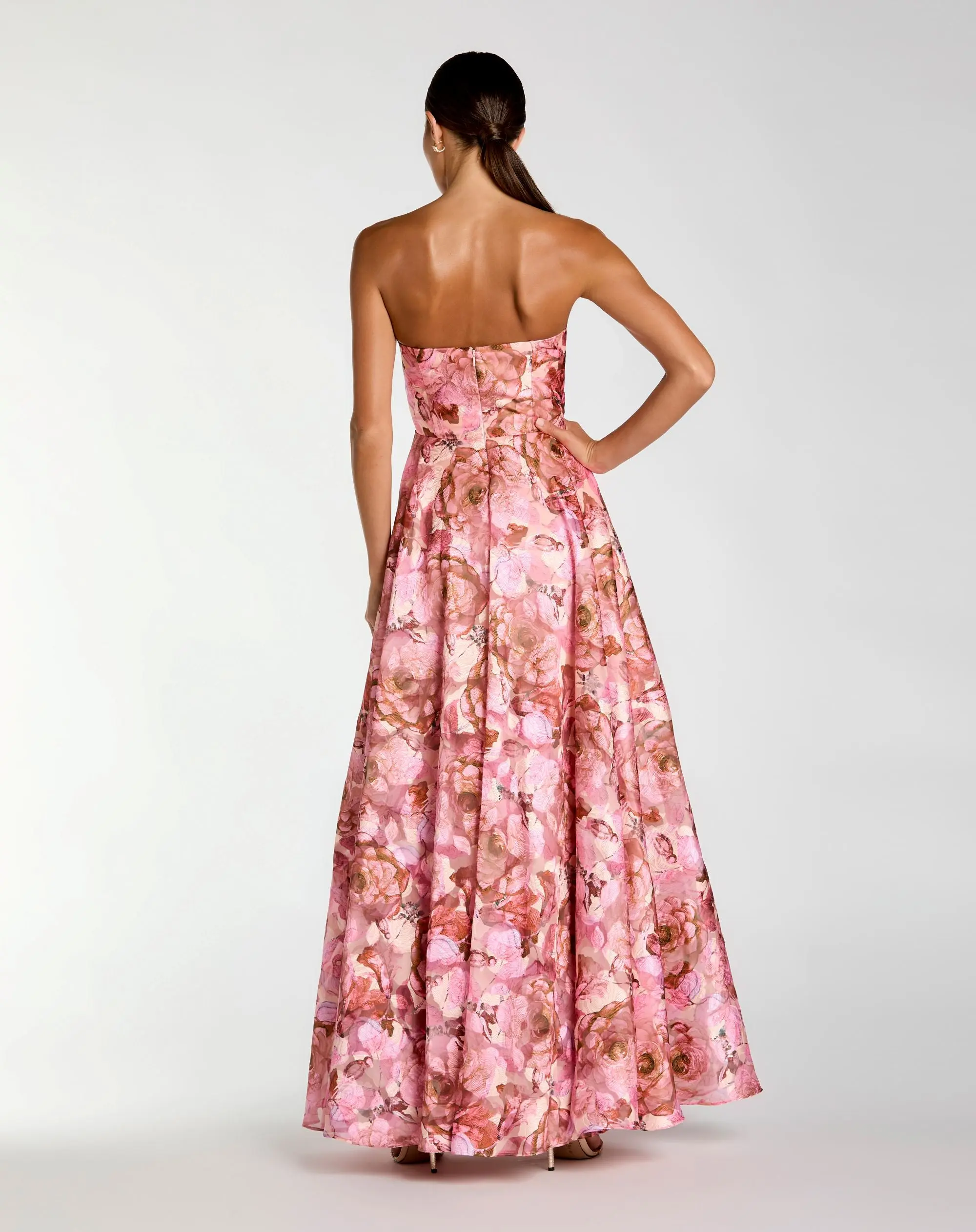 Pink Strapless Floral Printed A-Line Gown With 3D Flower - Image 3