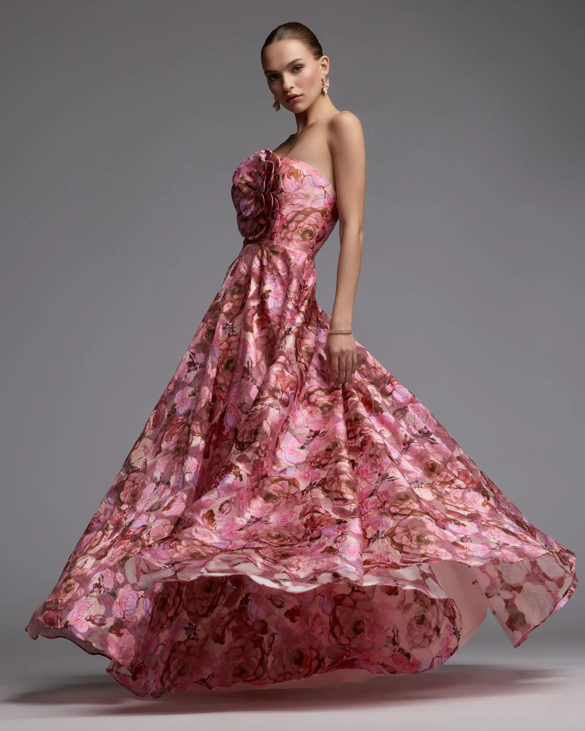 Pink Strapless Floral Printed A-Line Gown With 3D Flower - Image 4