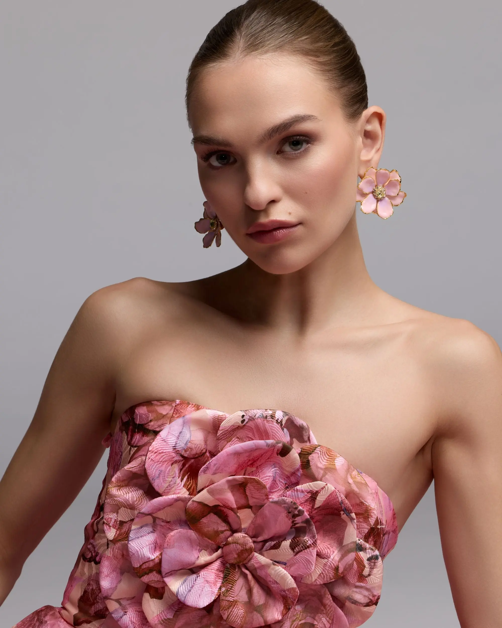 Pink Strapless Floral Printed A-Line Gown With 3D Flower - Image 5