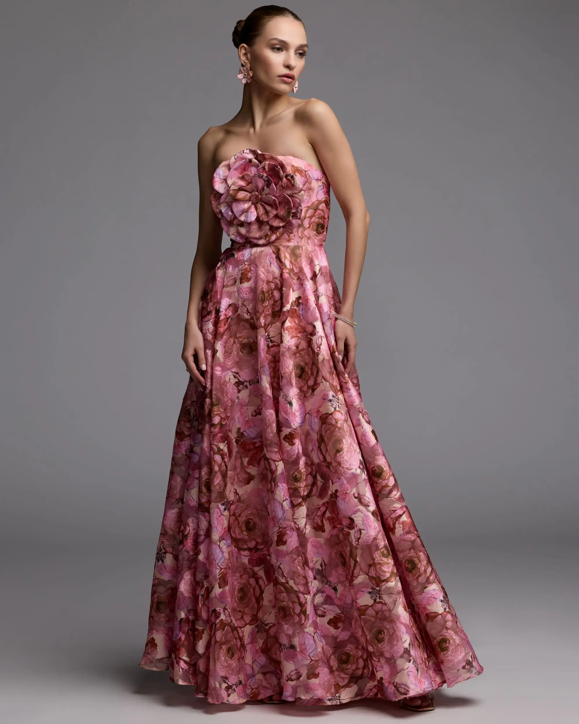 Pink Strapless Floral Printed A-Line Gown With 3D Flower - Image 6