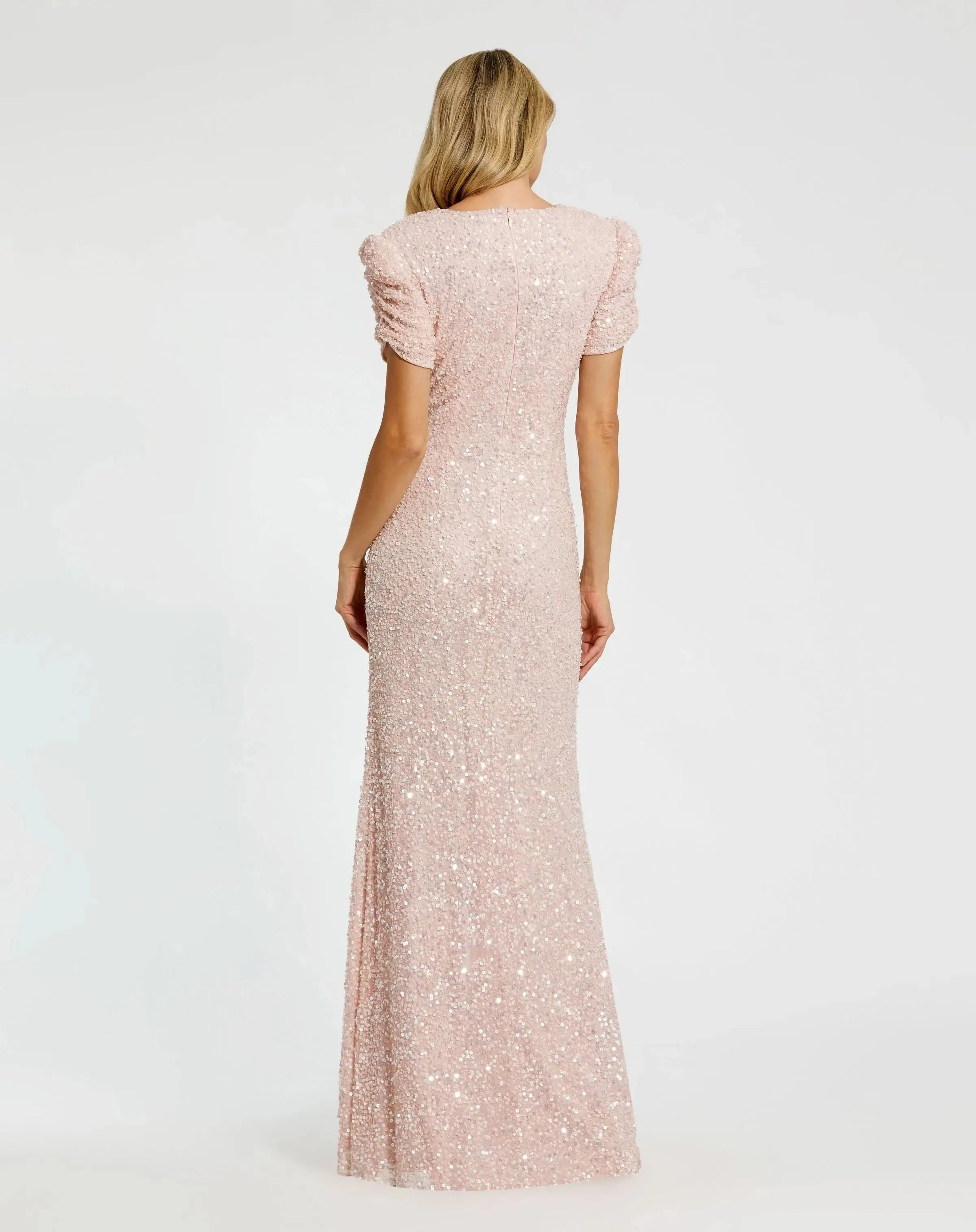 Pink Gathered Short Sleeve Embellished Gown - Image 4