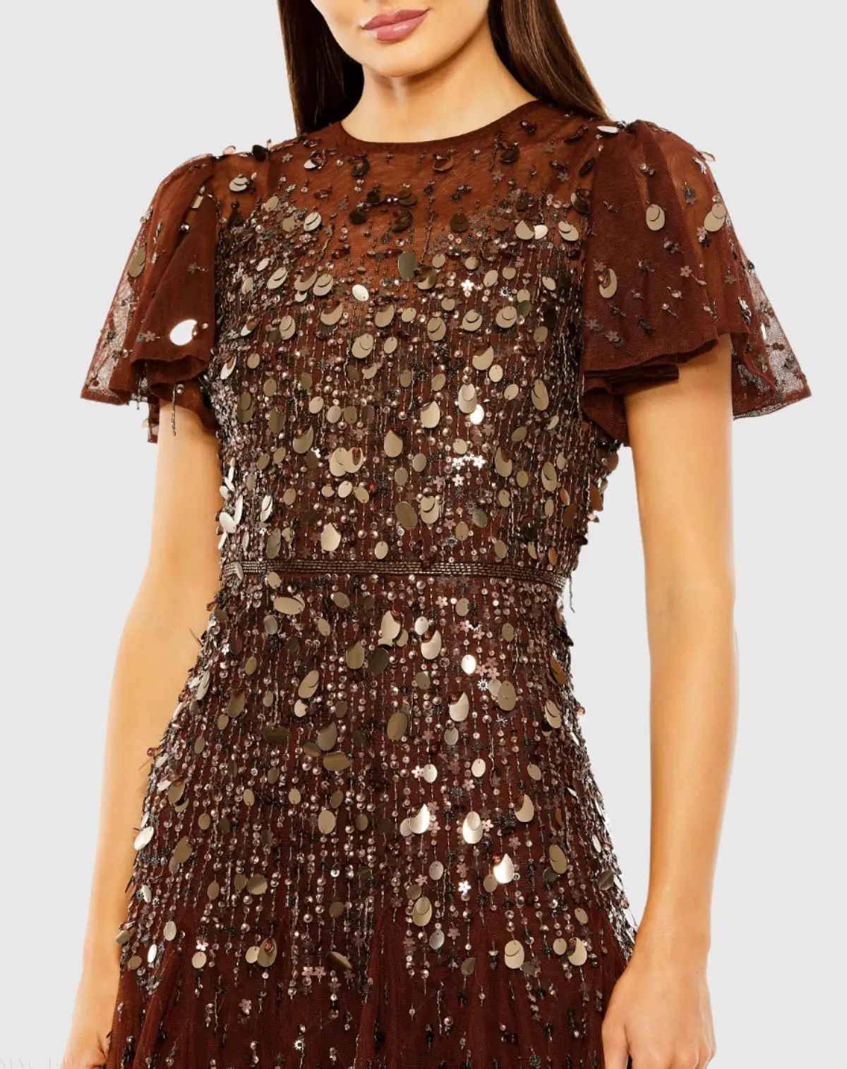 Brown High Neck Flutter Sleeve Beaded Dress - Image 2
