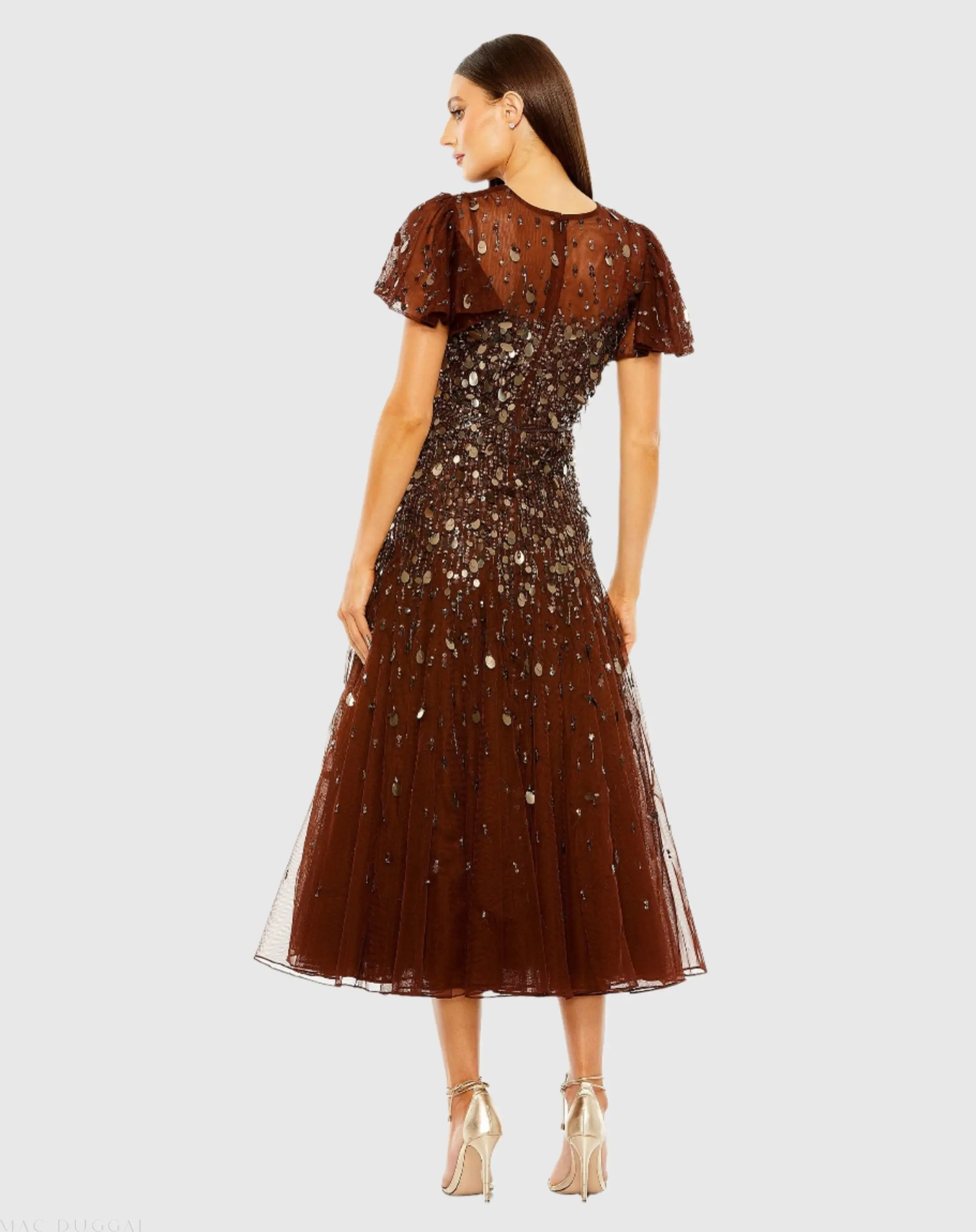 Brown High Neck Flutter Sleeve Beaded Dress - Image 3