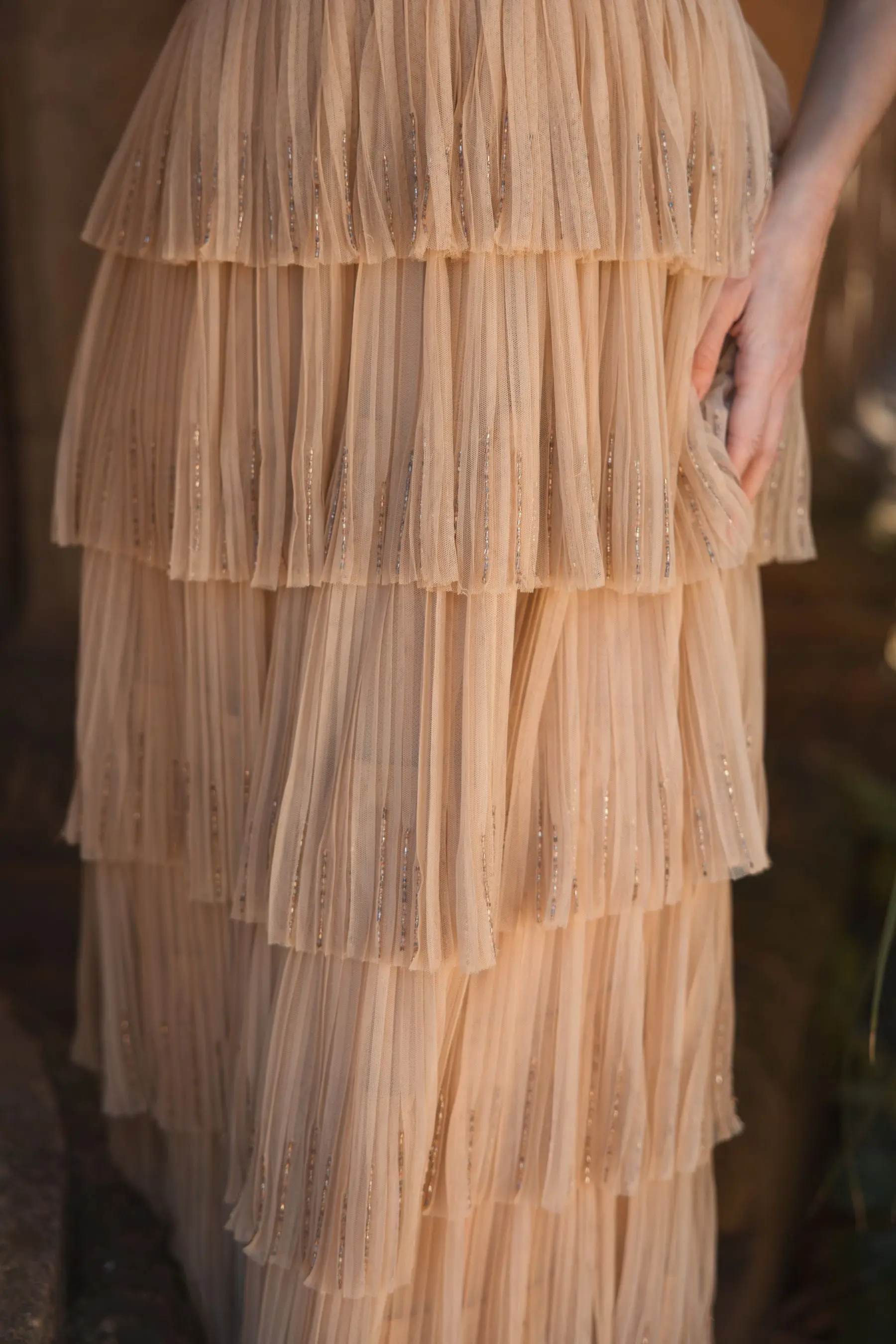 Beige Beaded Mesh V Neck Gown With Tiered Ruffles - Image 5