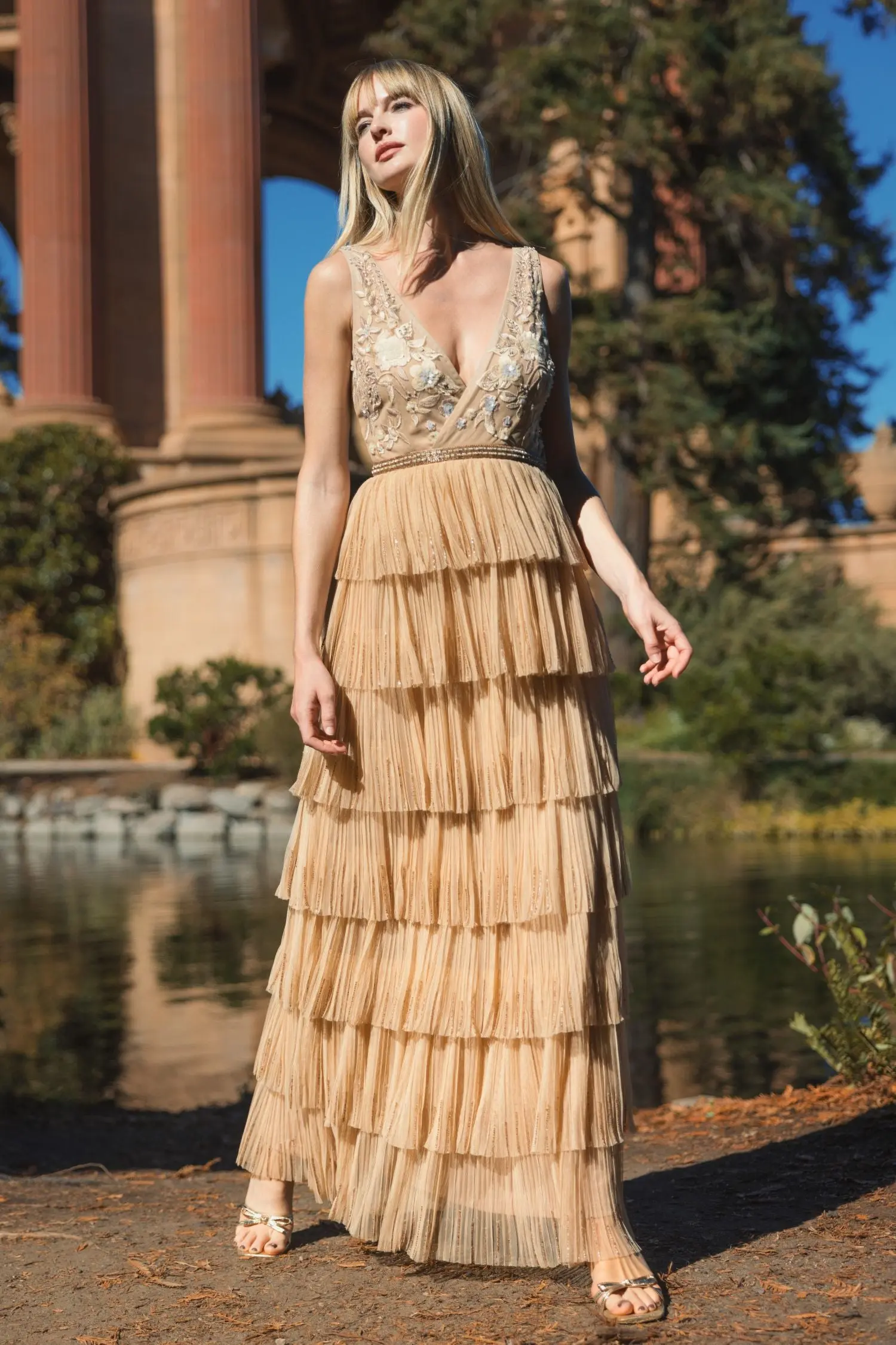 Beige Beaded Mesh V Neck Gown With Tiered Ruffles - Image 6