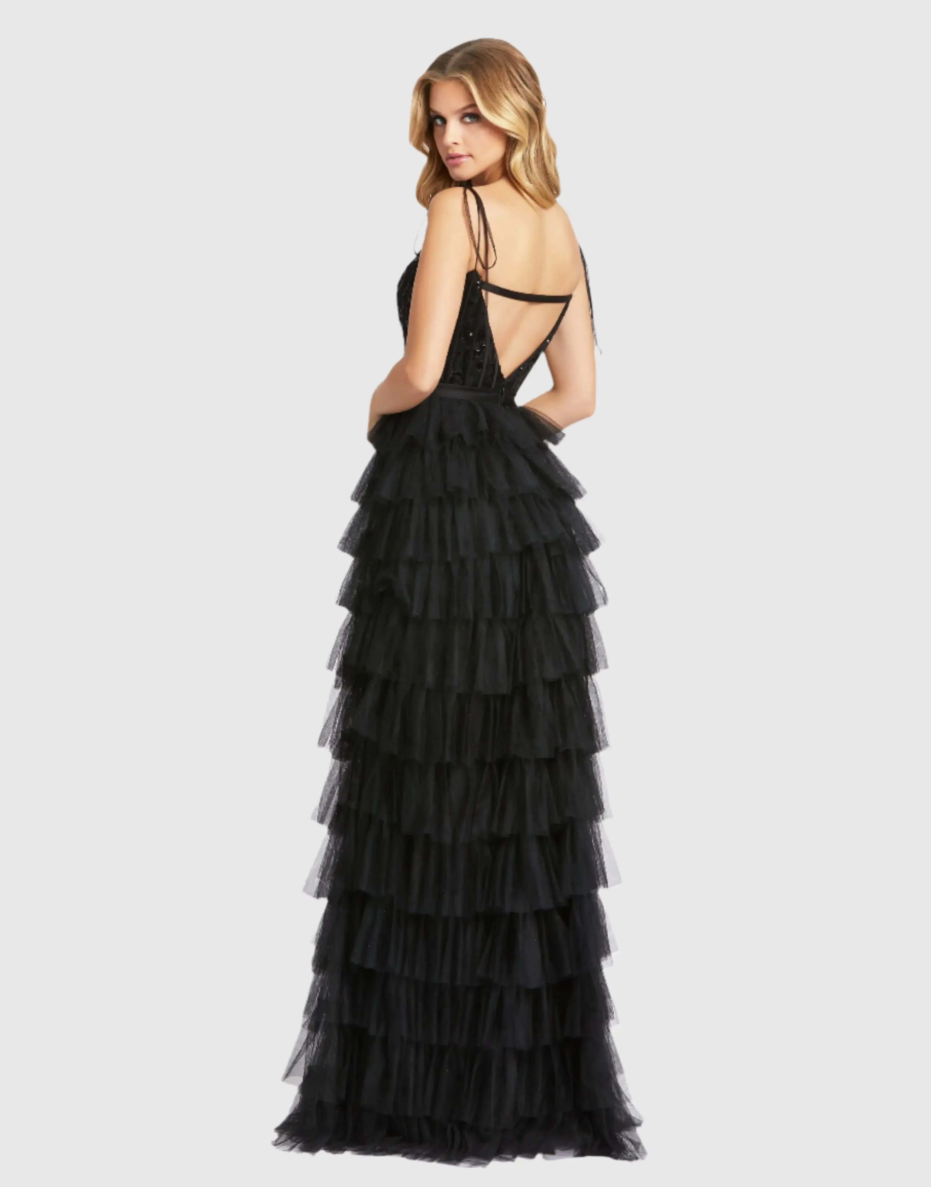 Black Sequined Bustier Tiered Ruffle Gown - FINAL SALE - Image 3
