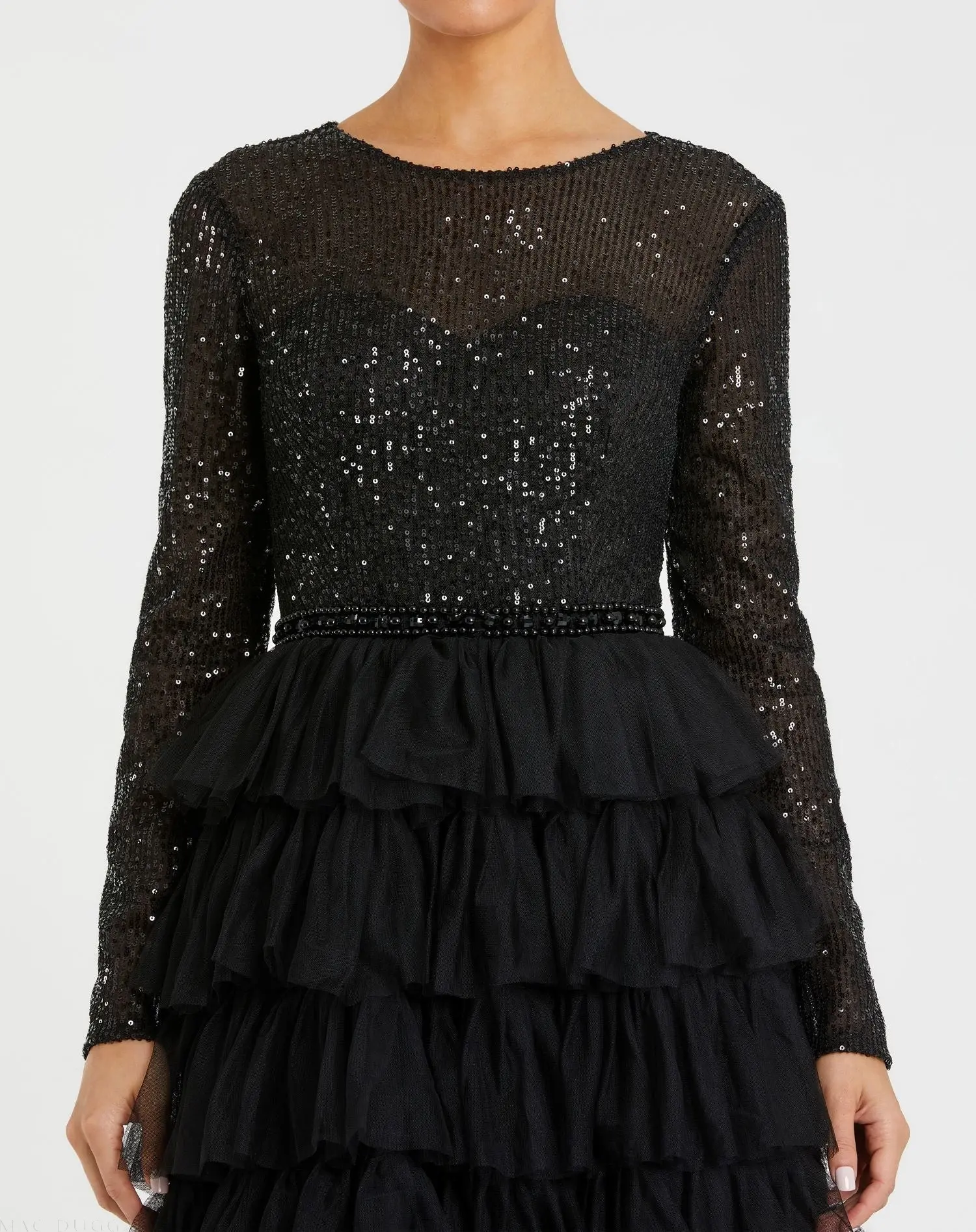 Black Long Sleeve Ruffle Tiered Midi Dress - Image 2