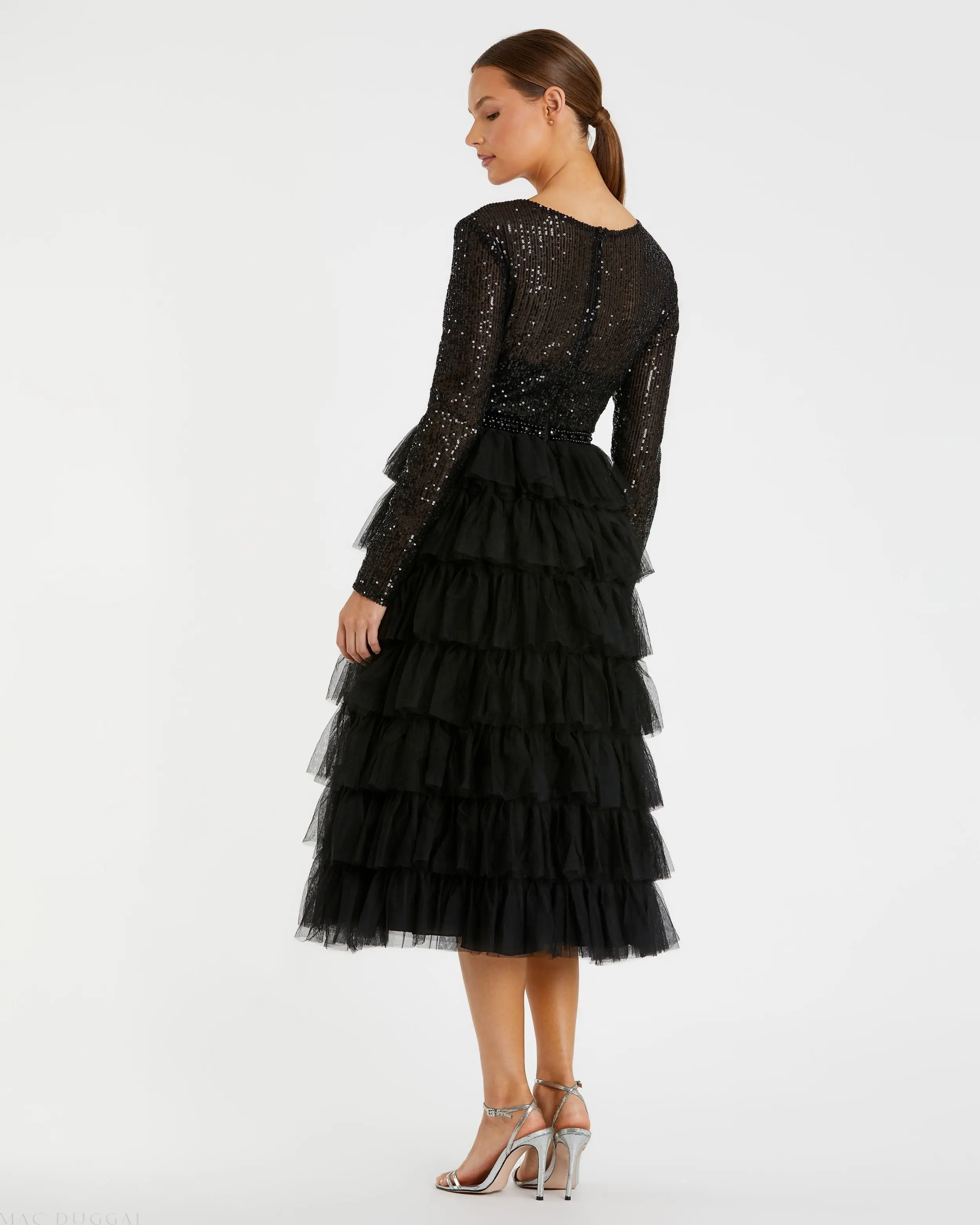 Black Long Sleeve Ruffle Tiered Midi Dress - Image 3
