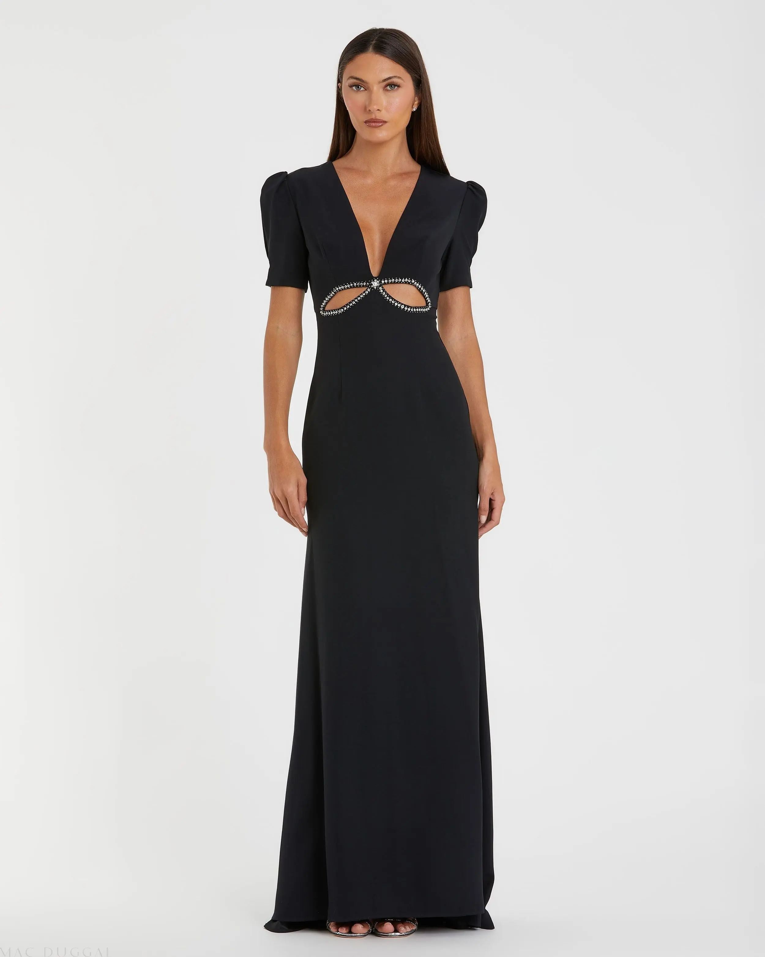 Black Plunge Neck Puff Sleeve Cut Out Gown - FINAL SALE