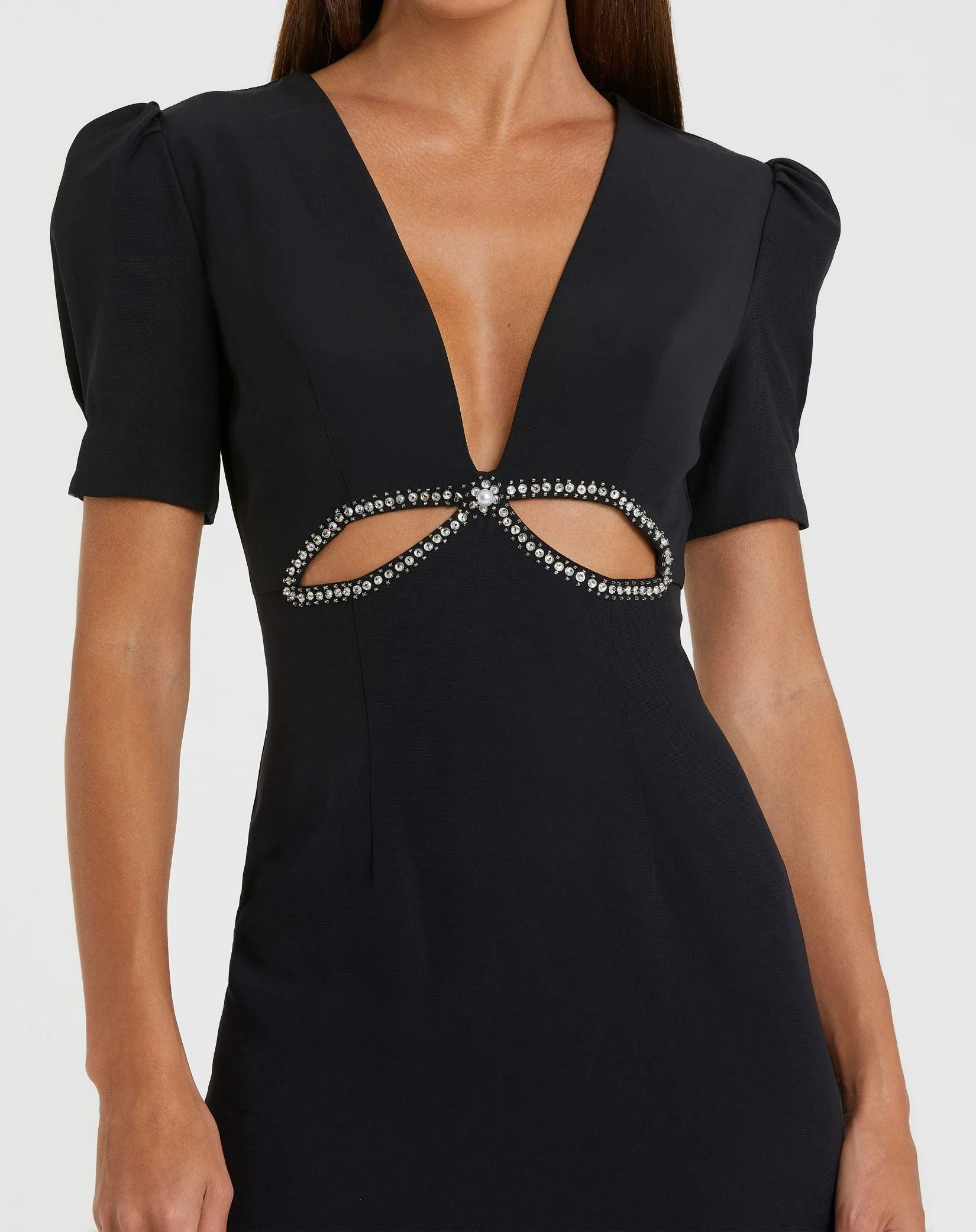 Black Plunge Neck Puff Sleeve Cut Out Gown - FINAL SALE - Image 2