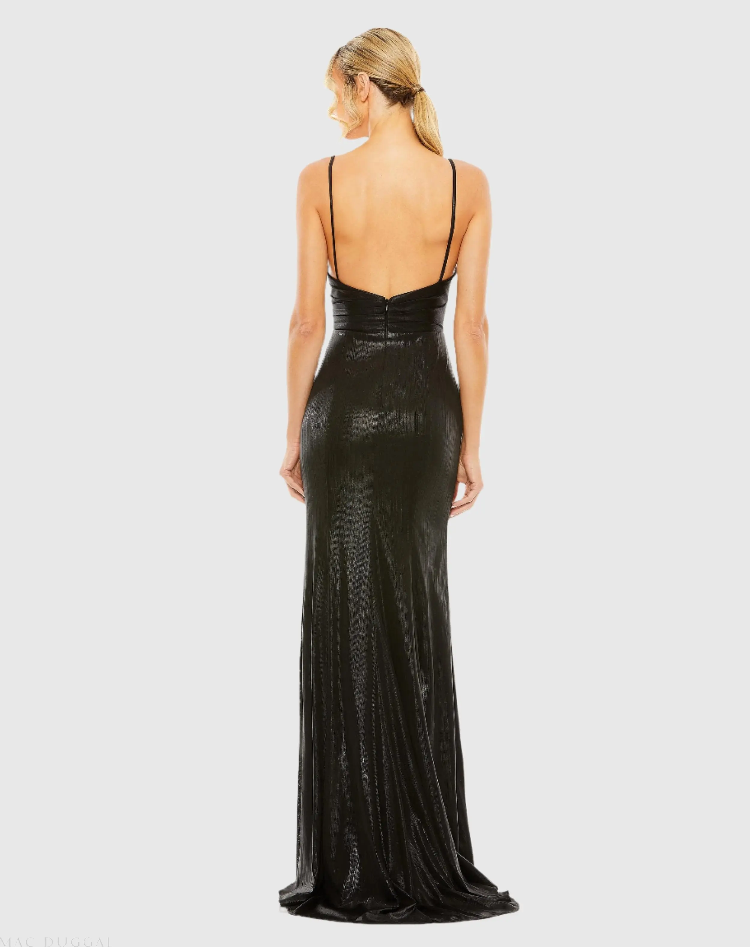 Black Metallic Faux Wrap Spaghetti Strap Gown - Image 2