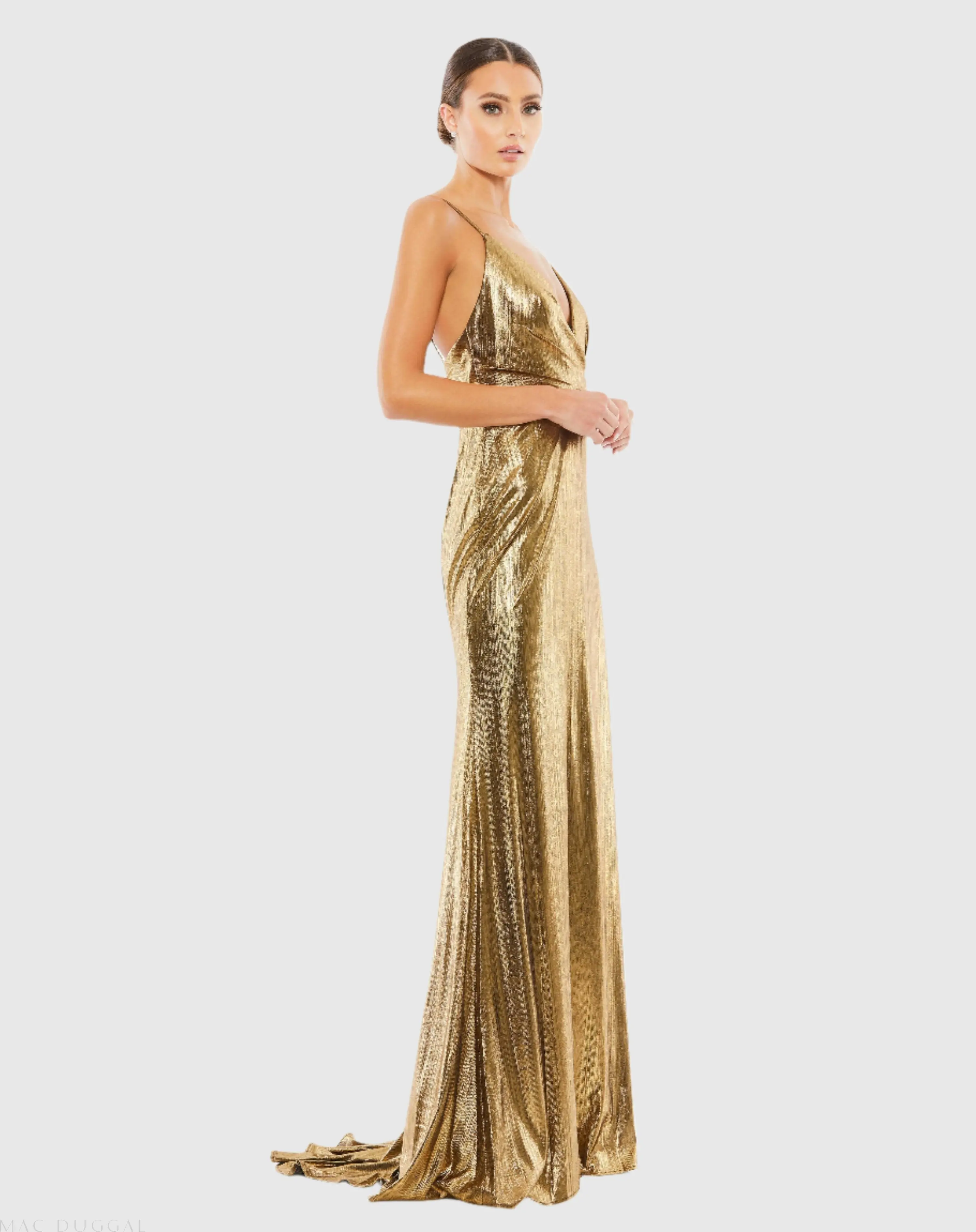Gold Metallic Faux Wrap Spaghetti Strap Gown - Image 4
