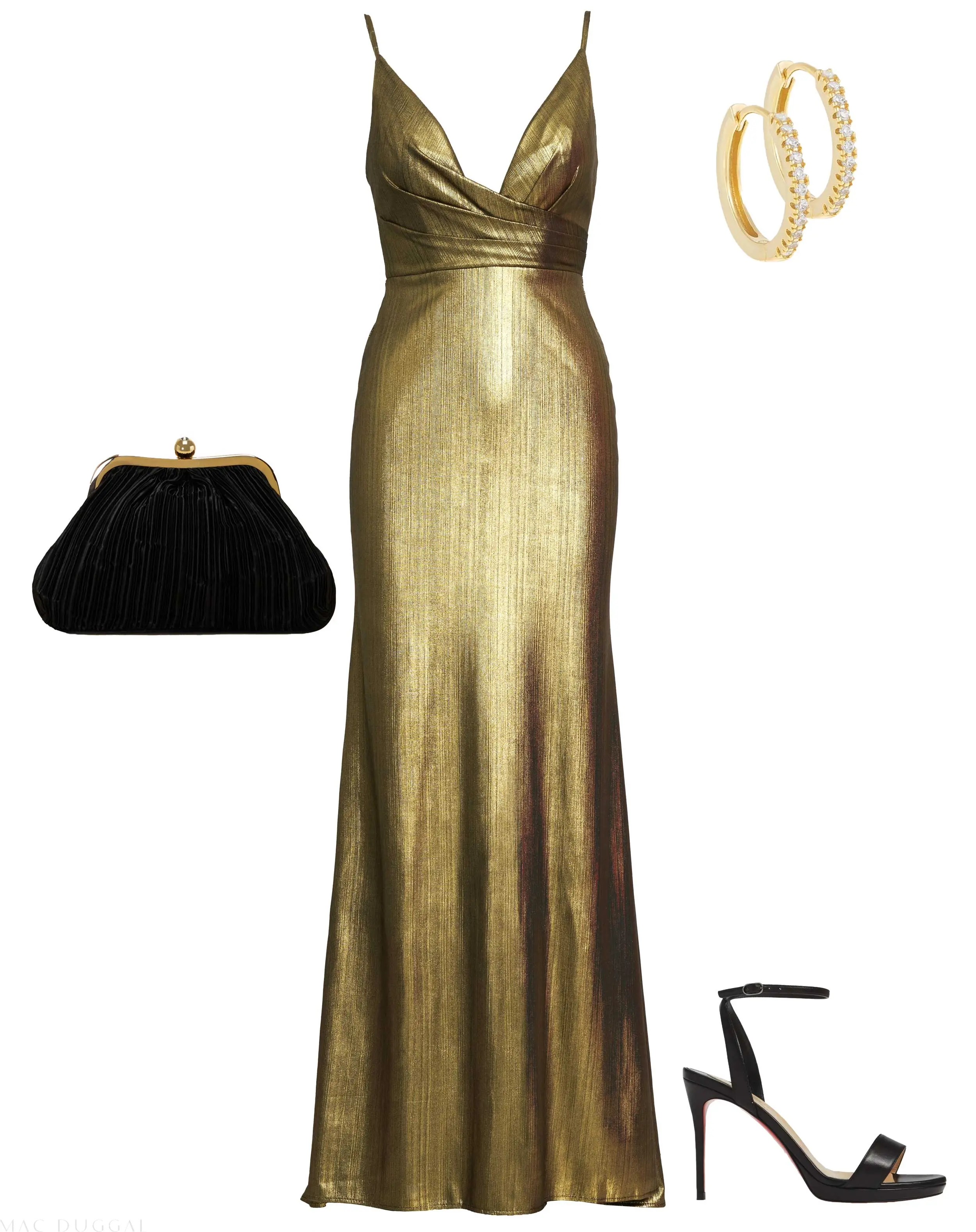 Gold Metallic Faux Wrap Spaghetti Strap Gown - Image 5