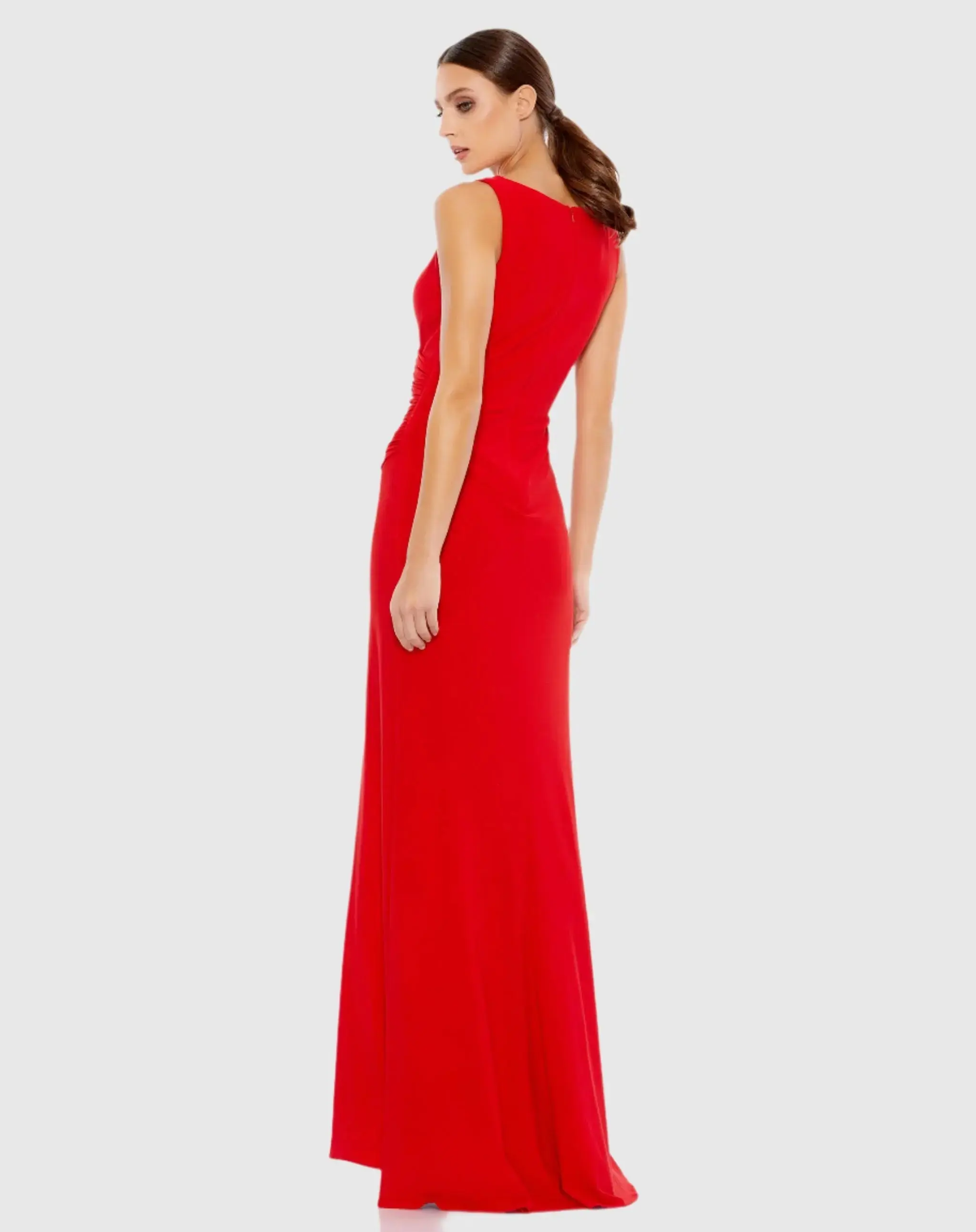 Red Faux Wrap Sleeveless V Neck Gown - Image 3